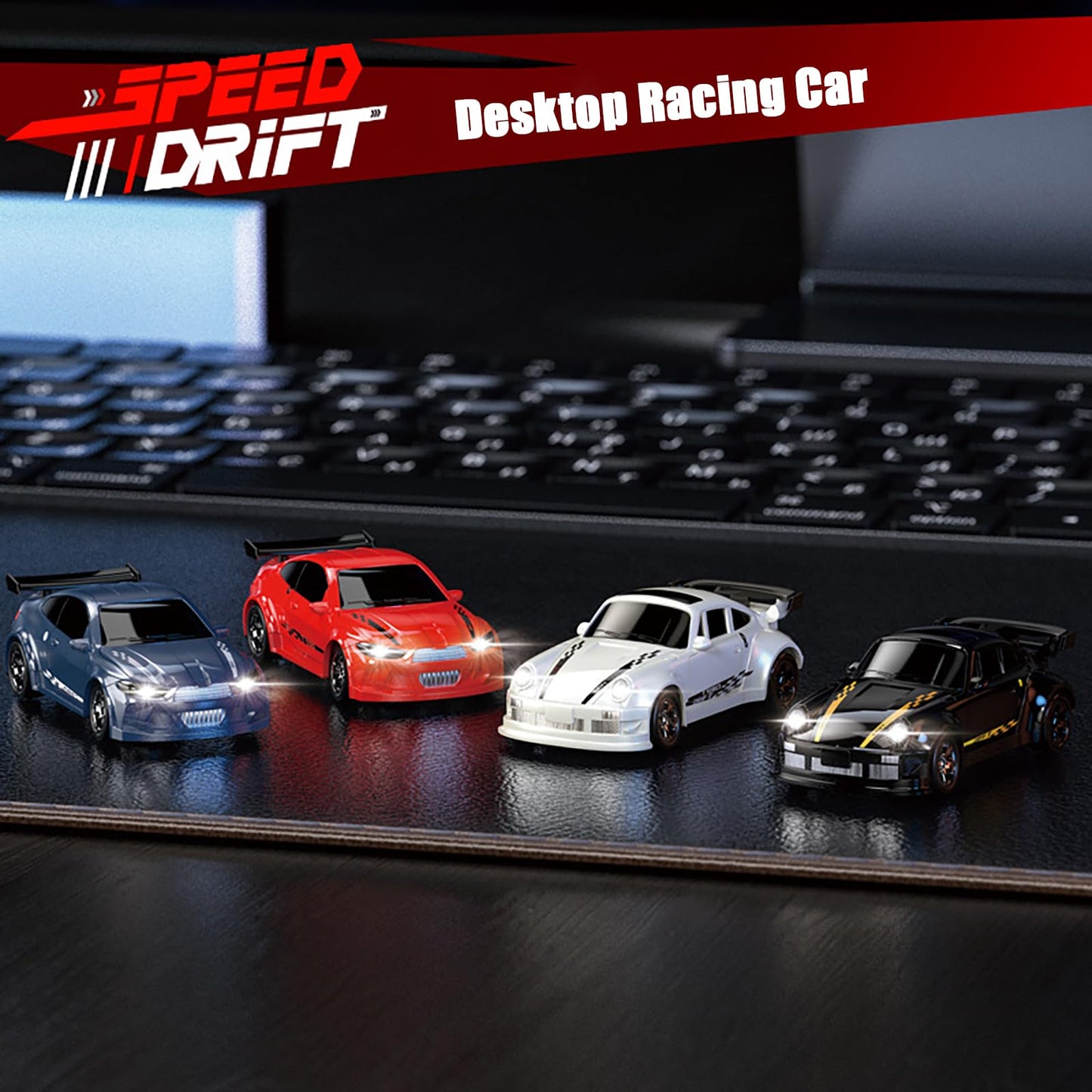 Hylukon 1:64 Scale Mini RC Drift Car, 2.4GHz 4WD Desktop RC Drift Car, Handheld Racing Mini Vehicle with LED Lights, Speed Switching Racing Sport Toy for Adults Teens (Blue)