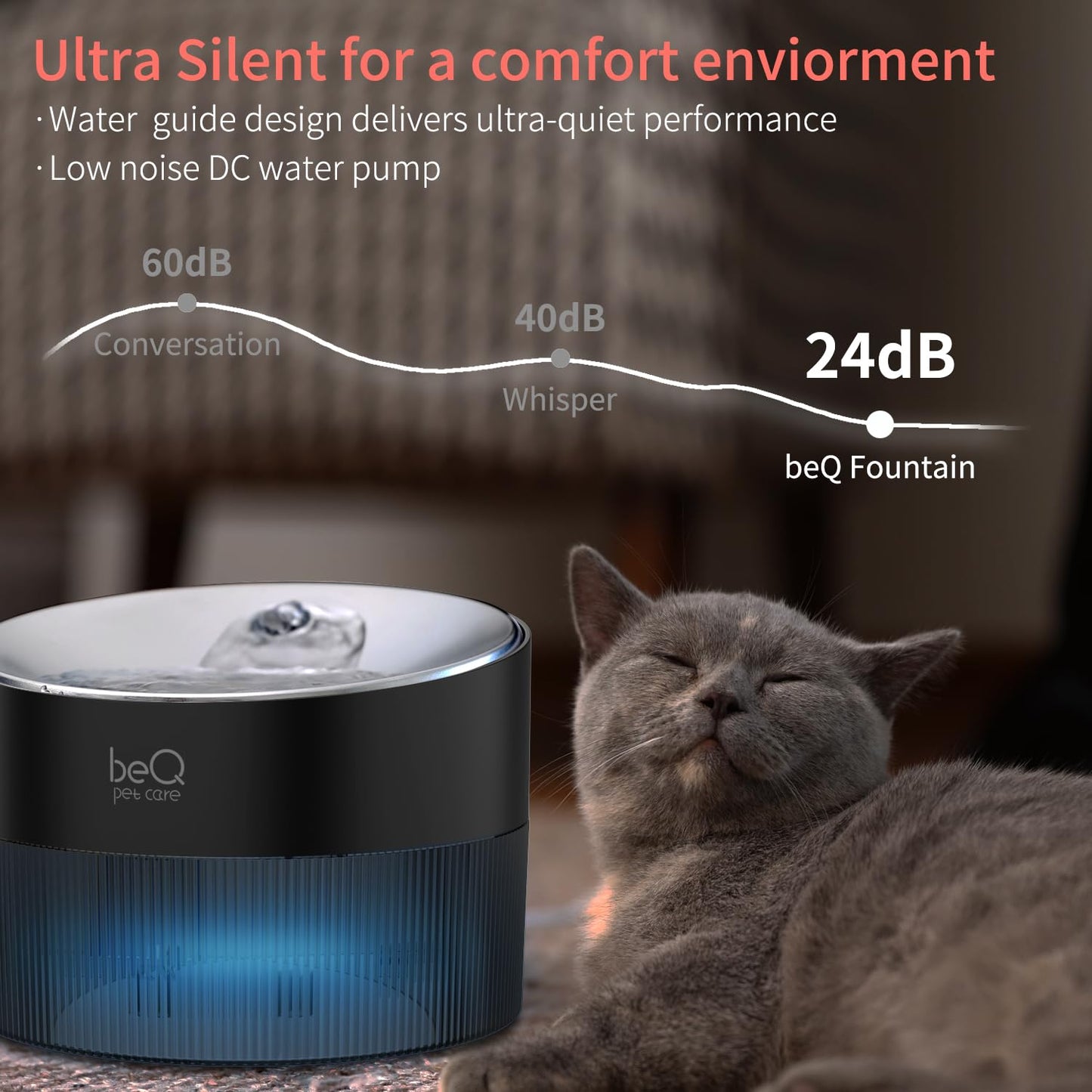 beQ Cat Water Fountain, 84oz/2.5L Stainless Steel Automatic Pet Fountain Dog Water Dispenser with Replacement Filters for Cats, Dogs, Multiple Pets Drinking Bowl, Indoor Ultra-Quiet Smart Pump, Black