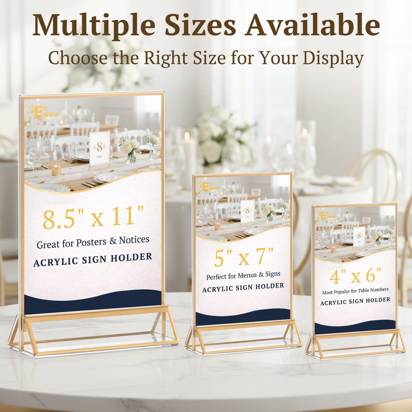 EHWINE 12 Pack Acrylic Sign Holder 4 x 6, Double Sided Gold Picture Frame Stand up Table Top Sign Holders, Clear Display Stand Menu Flyer Holder for Wedding Party