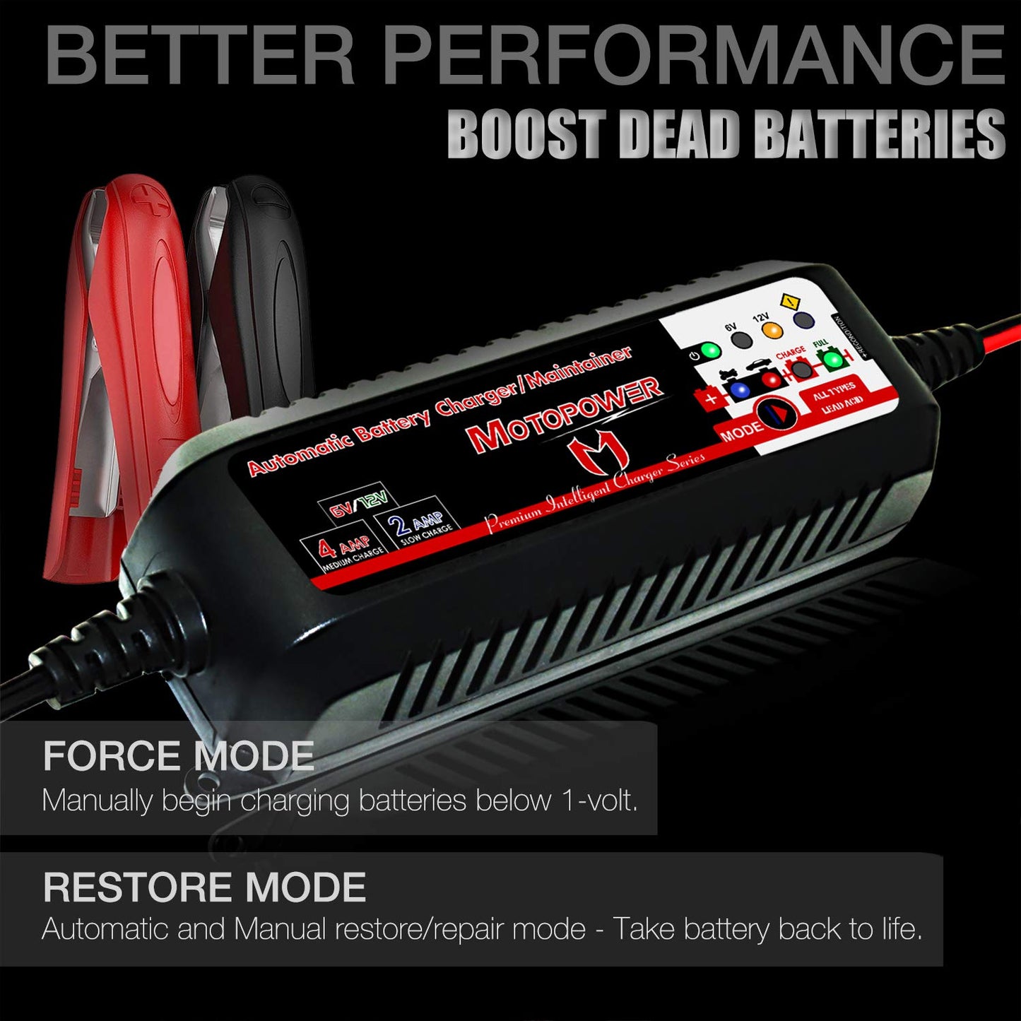 MOTOPOWER MP00207 6V / 12V 4AMP Fully Automatic Smart Battery Charger Maintainer Rescure for All Types Lead Acid Batteries of Car, Motorcycle, Boat - Battery Recover Mode