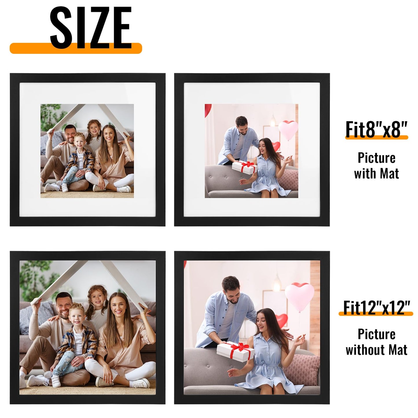 3 Pack 12x12 Black Picture Frame Set, Made of High Definition Glass and Square Photo Frame, Displays Picture 8x8 With Mat or 12 x 12 Without Mat, Desktop & Wall Collage Photo Frame