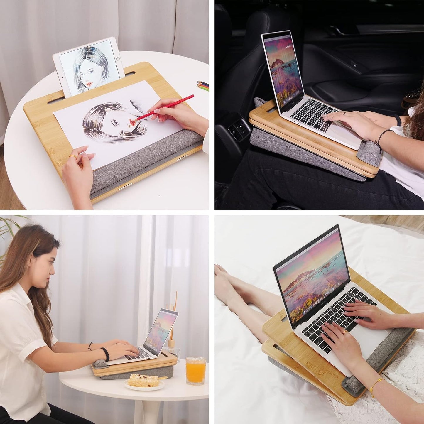 Lap Desk Laptop Tray with Cushion Portable Bed Tray Desk, Ergonomic Design Adjustable Angle Lap Desk with Tablet Phone Holder, for Home Office, Sofa, Bed, Couch and car. Bamboo Cushioned Laptop Tray