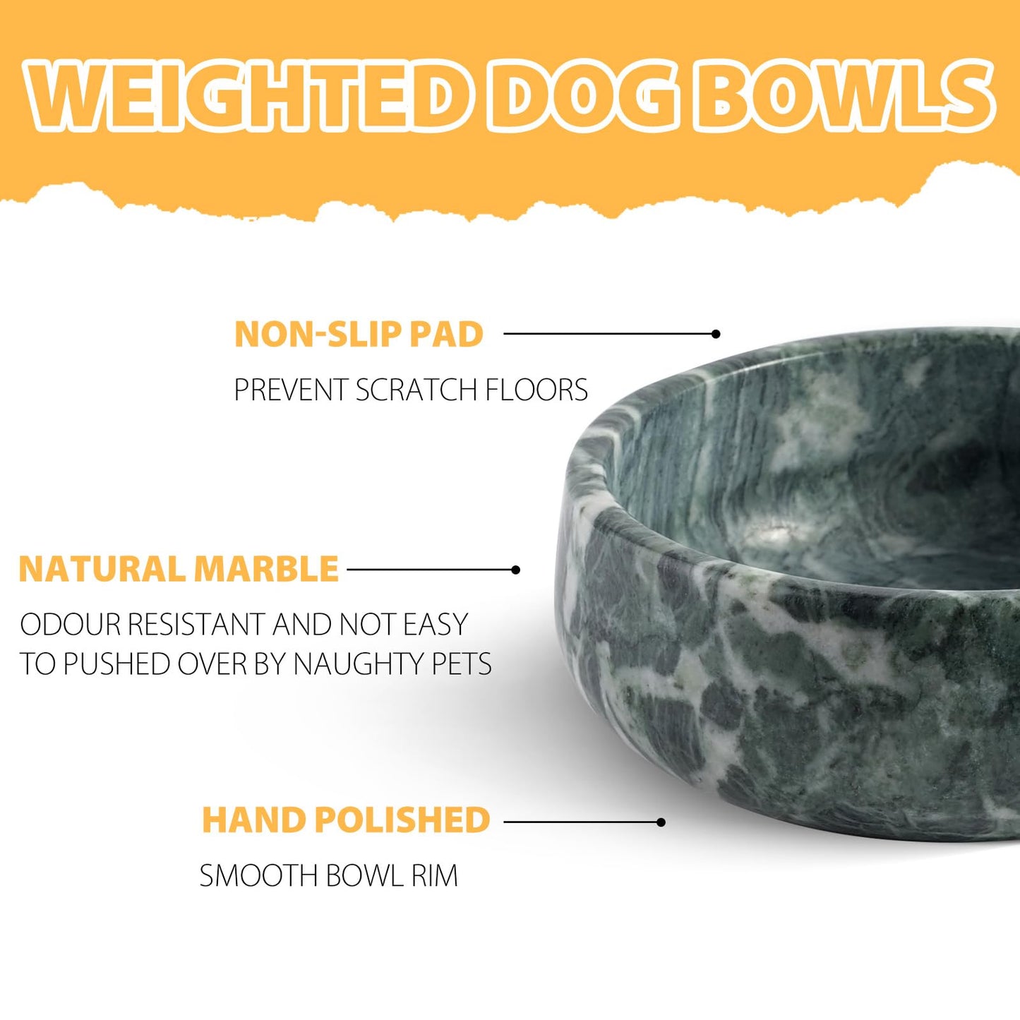 Natural Marble Dog Bowls, 5lbs Non-Slip Cat and Dog Food Bowl, No-Tip Weighted Dog Dish, Durable Food and Water Bowl, Easy to Clean, Holds 4 Cups(Indian Green)