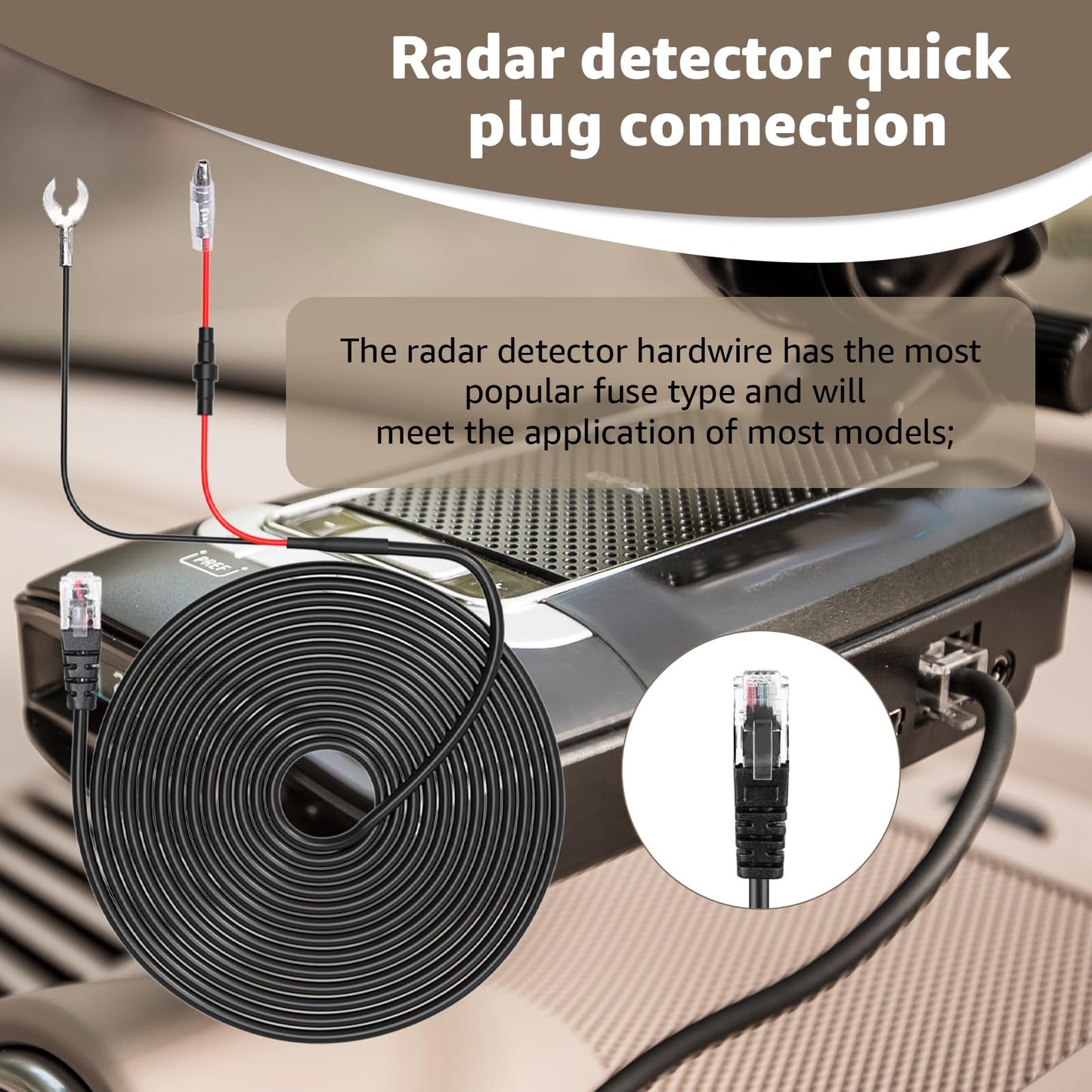 Universal RJ11 Radar Detector Hardwire Kit Compatible with Uniden R3, R7, R8, Escort, Valentine One, Cobra Direct Wire Power Cord with Multiple Fuse Taps