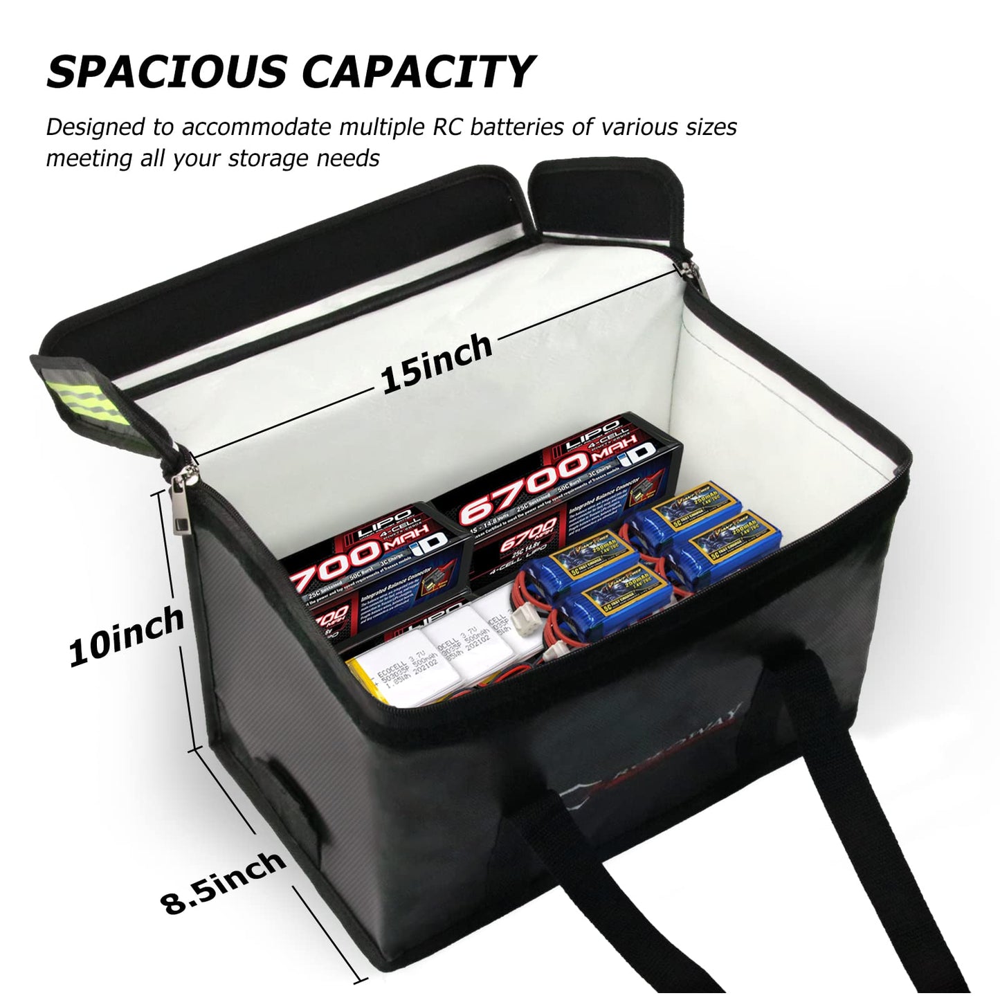 ROLOWAY Lipo Battery Bag (15 x 8.5 x 10 inch), Large Fireproof Lipo Ebike Bag with Comfortable Handle, Reflective Strip