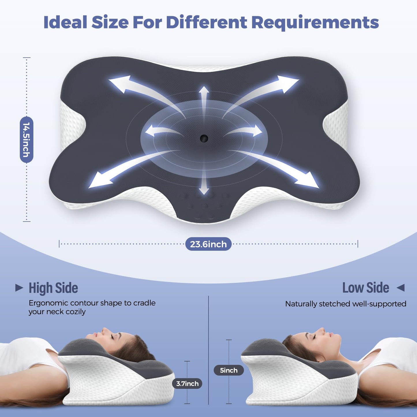 BNXIANG Cervical Neck Pillow for Pain Relief, Ergonomic Neck Support Pillow for Sleeping, Contour Orthopedic Side Sleeper Pillow for Back Stomach Sleepers Bed Pillow,Memory Foam Pillow