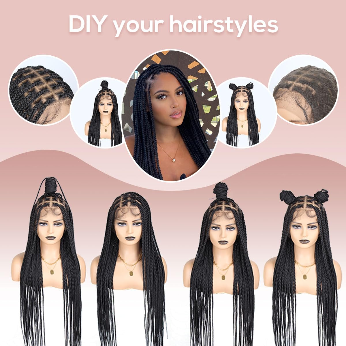 QUISDUIS 36" 360° HD Single-layer Full Lace Braided Wigs for Black Women, Square Knotless Box Braid Wig with Baby Hair Handmade Synthetic Hair Blended Lace Front Wig Natural Black