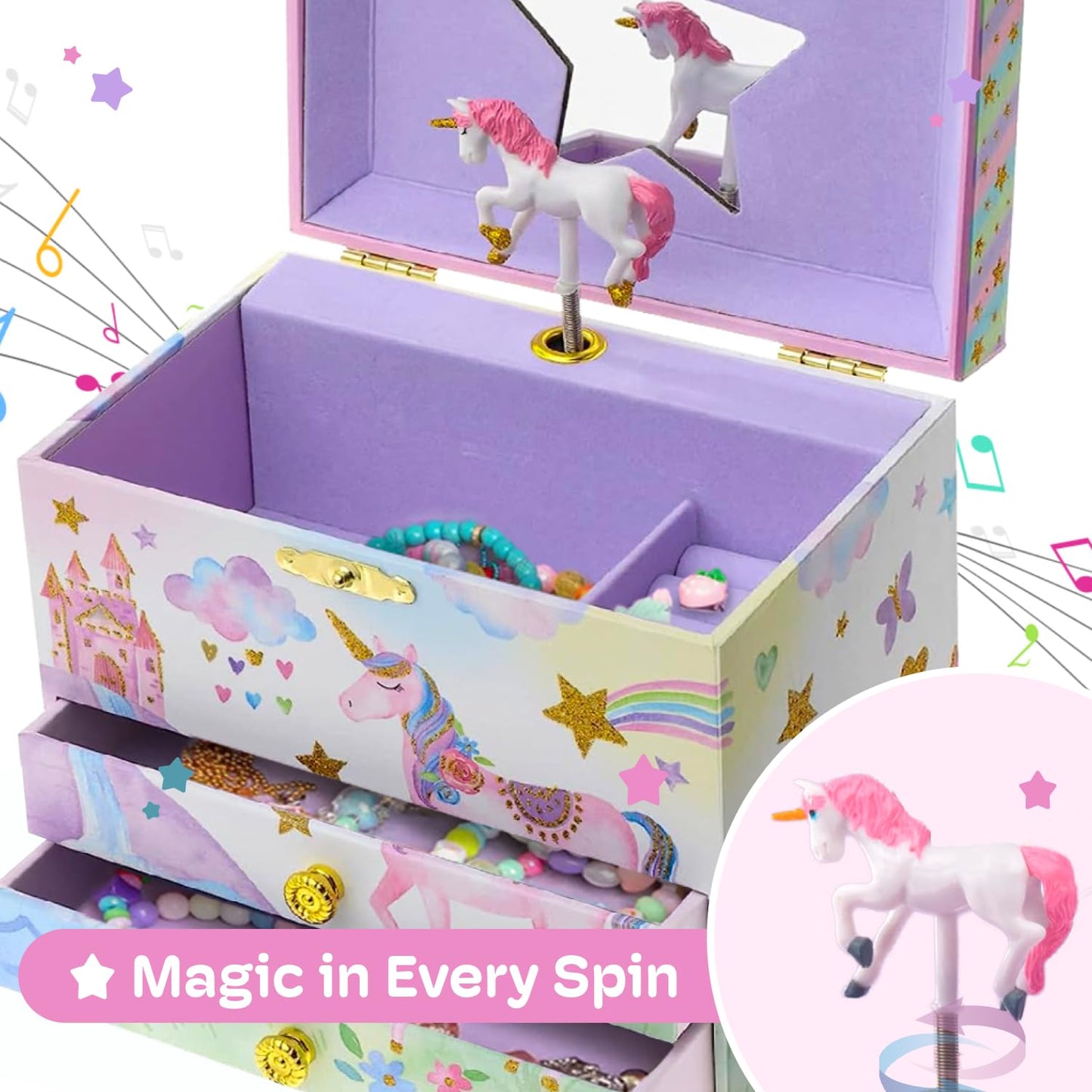 Jewelkeeper- Musical Jewelry Box with 2 Pullout Drawers, Glitter Rainbow and Stars Unicorn Design, The Unicorn Tune