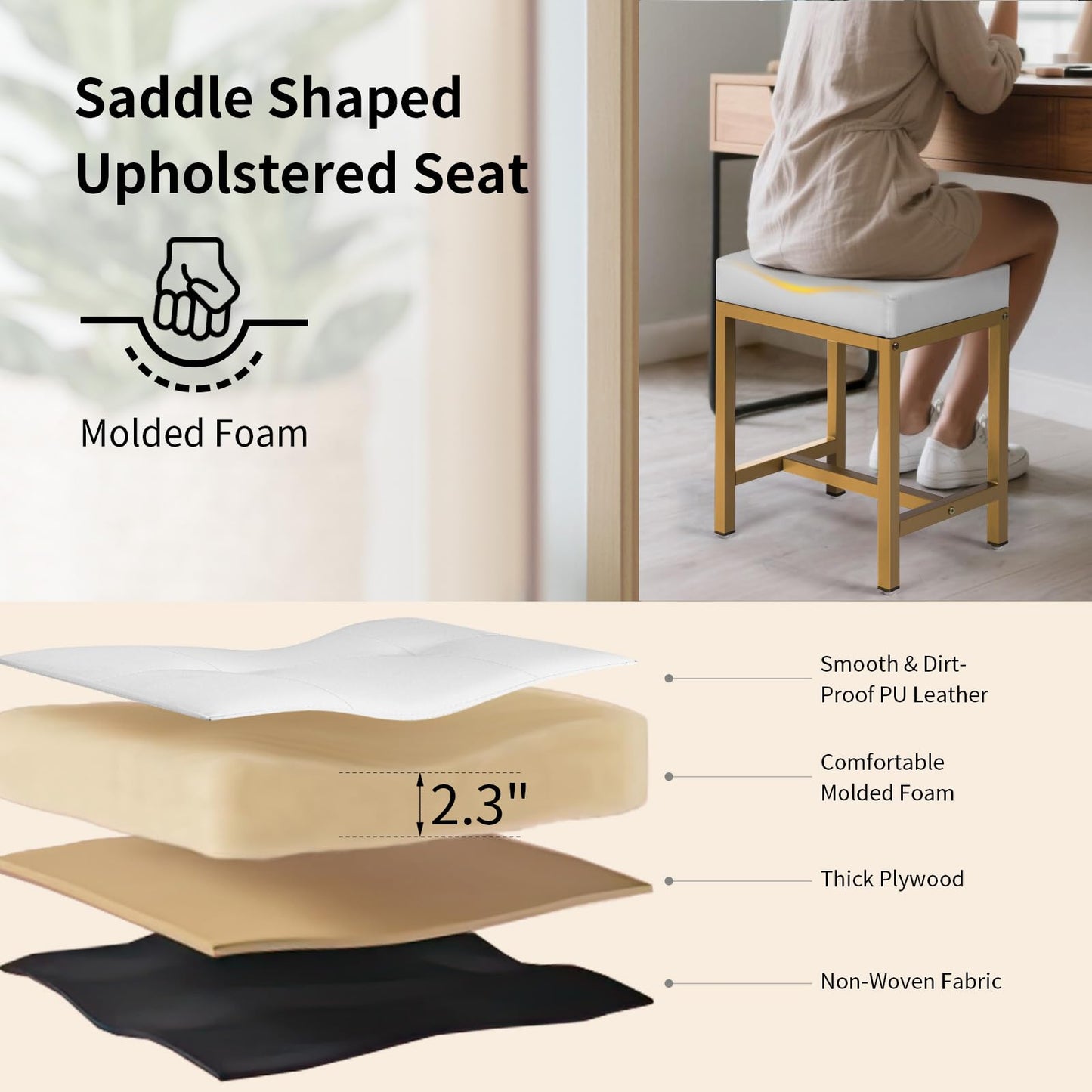 Saddle Seat Vanity Stool, Makeup Stool Chair with Metal Leg, U-Shaped PU Ottoman Foot Rest Stool, Small Square Chairs Under Desk for Vanity, Living Room, Bedroom, Modern Makeup Bench White&Gold