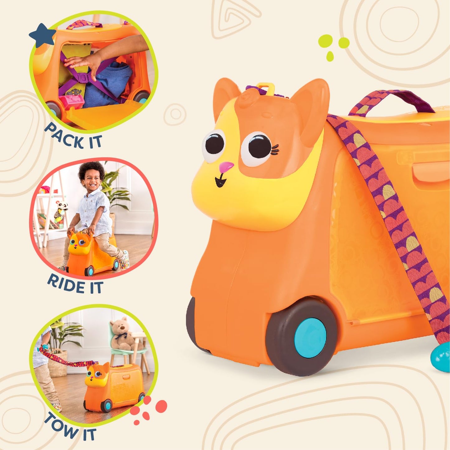 B. toys – On The Go – Lolo Ride-On Suitcase for Kids – Rolling Luggage with Storage Space - Travel & Play – Fun Animal Design for Toddlers 2+ Years