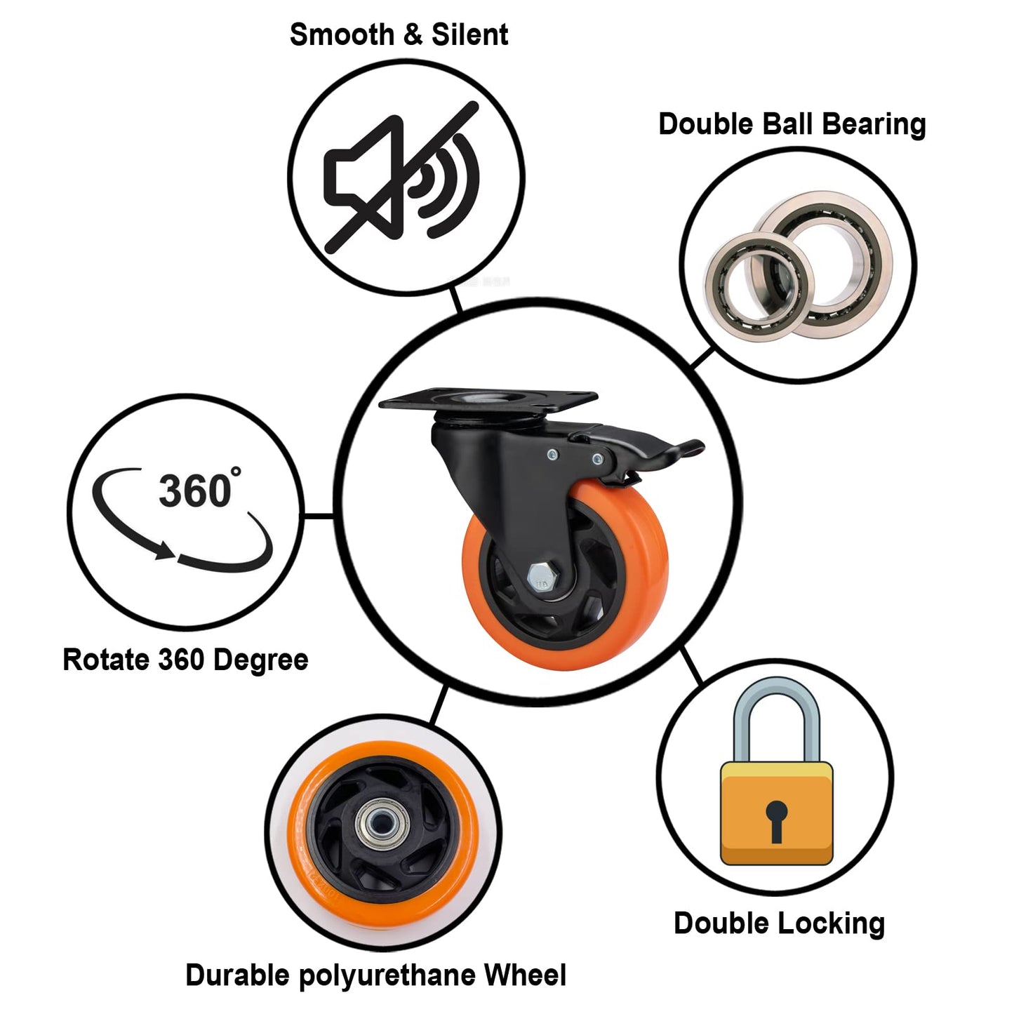 Casters, 4" Caster Wheels，Casters Set of 4 Heavy Duty - ASRINIEY Orange Polyurethane Castors, Top Plate Swivel Wheels, 4-Pack Industrial Casters with Brake, Locking Casters for Furniture and Workbench