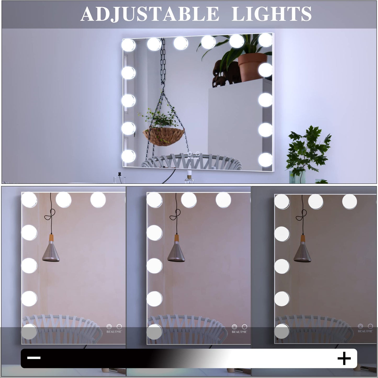 BEAUTME Vanity Mirror with Lights, 23.6" x 20" Large Makeup Mirror, Hollywood Mirror with 14 Dimmable Bulbs, 3 Color Modes & Adjustable Brightness, Detachable 10x Magnification