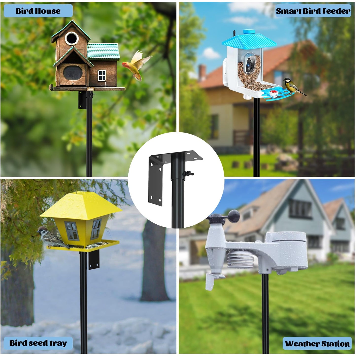 Urban Deco Adjustable Bird House Pole, Birds House Pole Mount Kit, Bird Feeder Pole with 5 Prongs for Outdoor Use, Suitable for Yard, Garden, Field, Without Bird House, Black (Black, 196 cm)