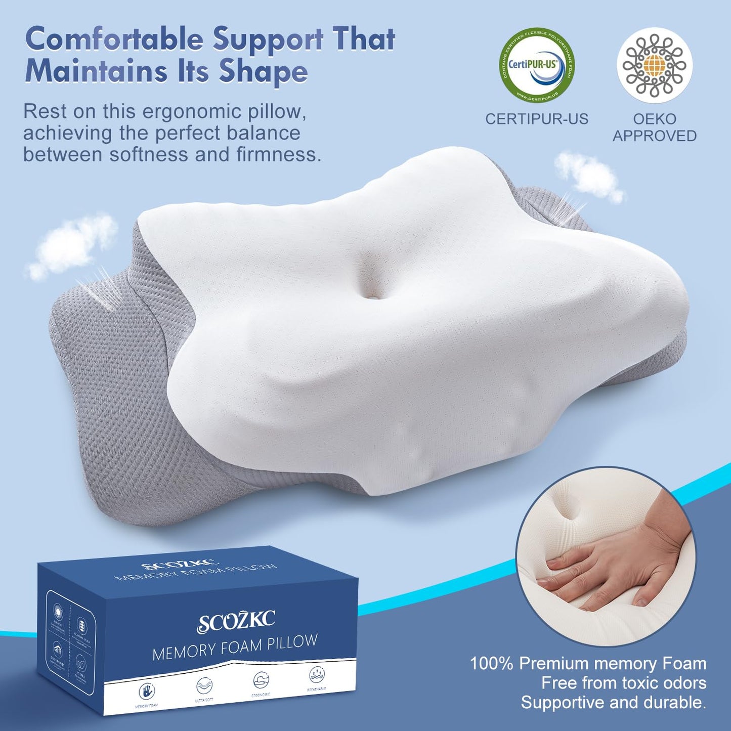 Scozkc Cervical Neck Pillow for Sleeping - Memory Foam Contour Pillow for Neck Pain Relief, Orthopedic Pillow with Breathable Ice Silk Cover, Ergonomic Support for Side and Back Sleepers（White）