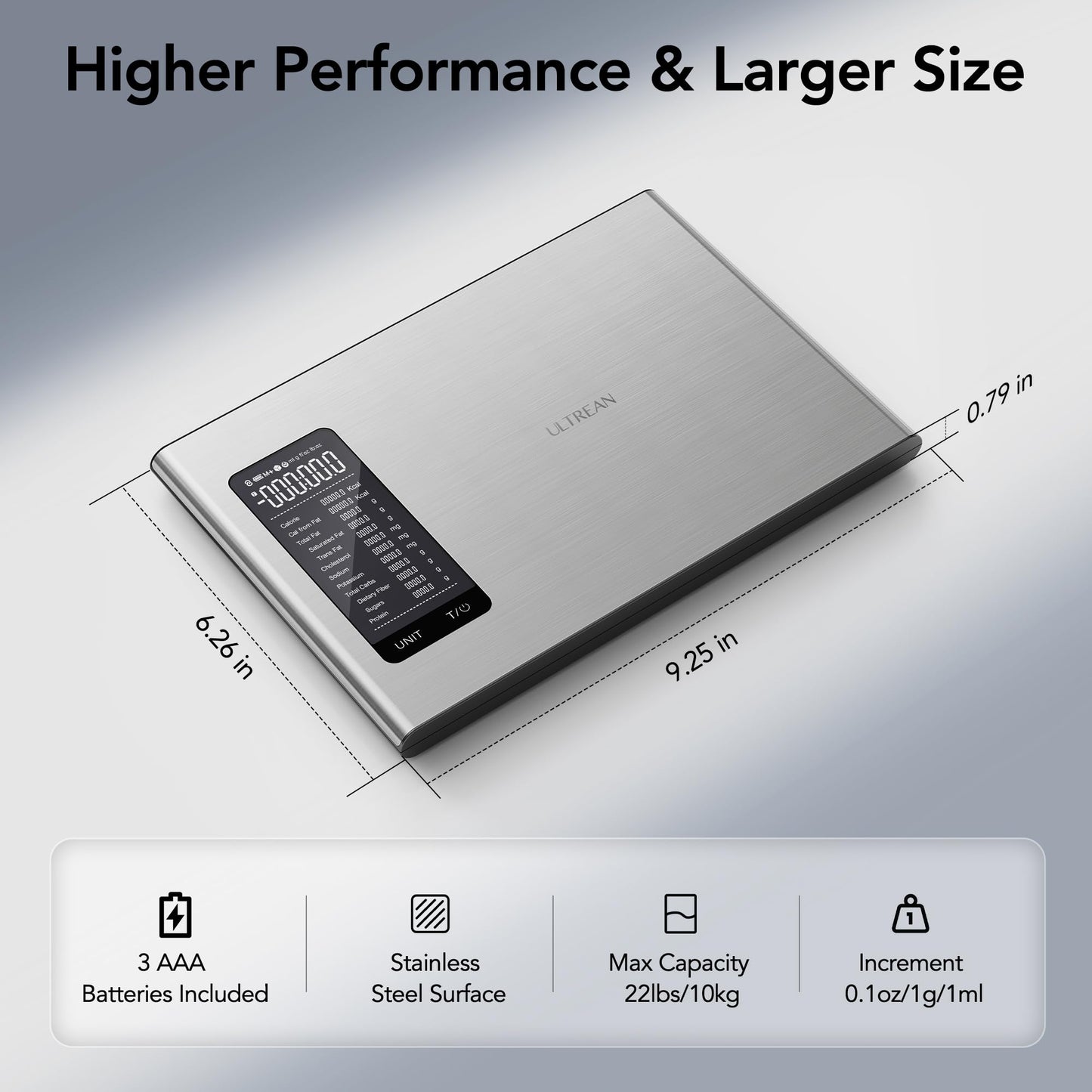 Ultrean Smart Food Kitchen Scale with Nutritional Calculator, Digital Grams and Ounces for Weight Loss, 19 Facts Tracking, Baking, Cooking, Portion Control, Macro, Keto, 10kg/22lb, Stainless Steel