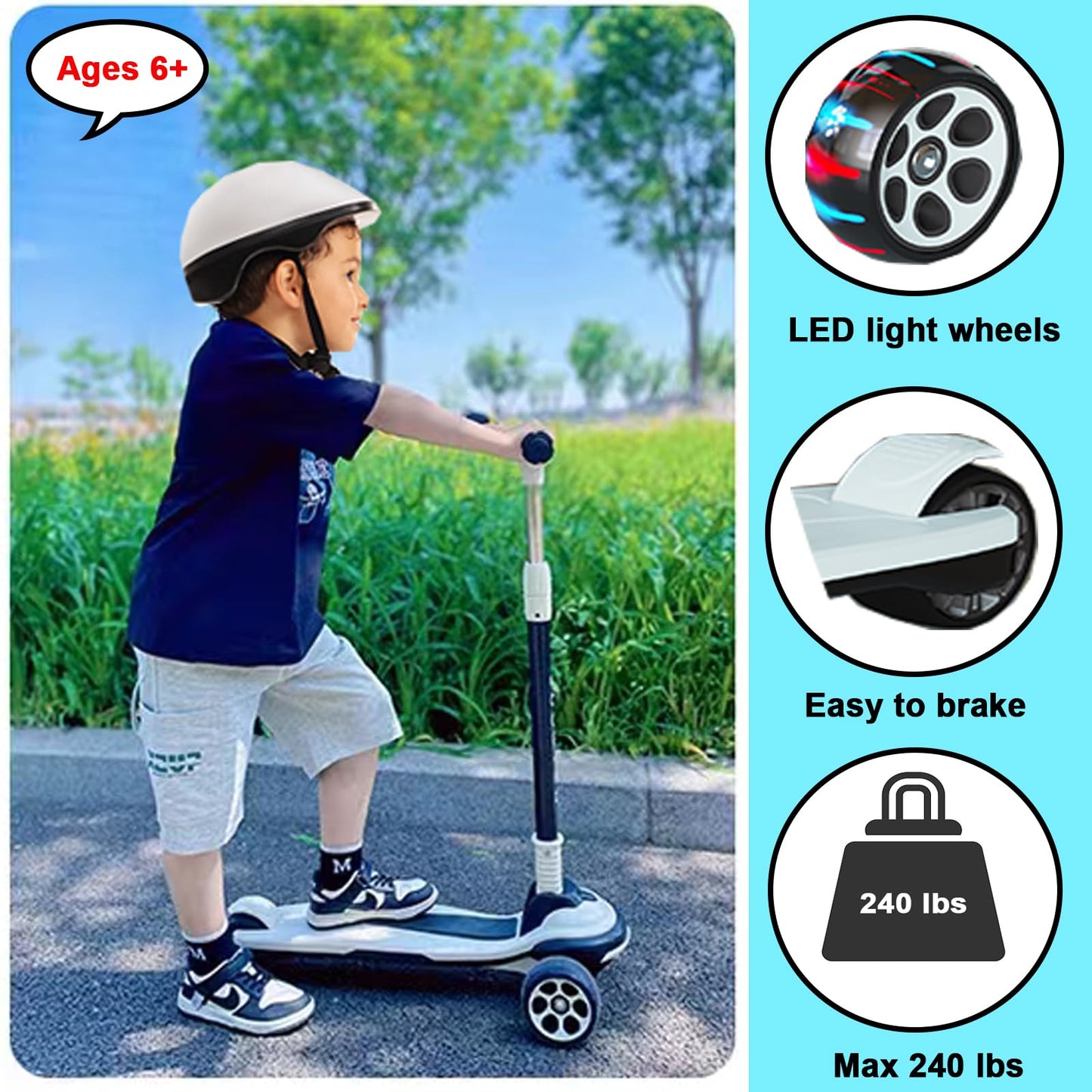 CLrkualn Kick Scooter for Kids Ages 6+, 5 Adjustable Height Foldable Scooter with 3 LED Light Wheels, Outdoor Activities for Toddlers Boys Girls, Max Load up to 240 lbs (Black and White)