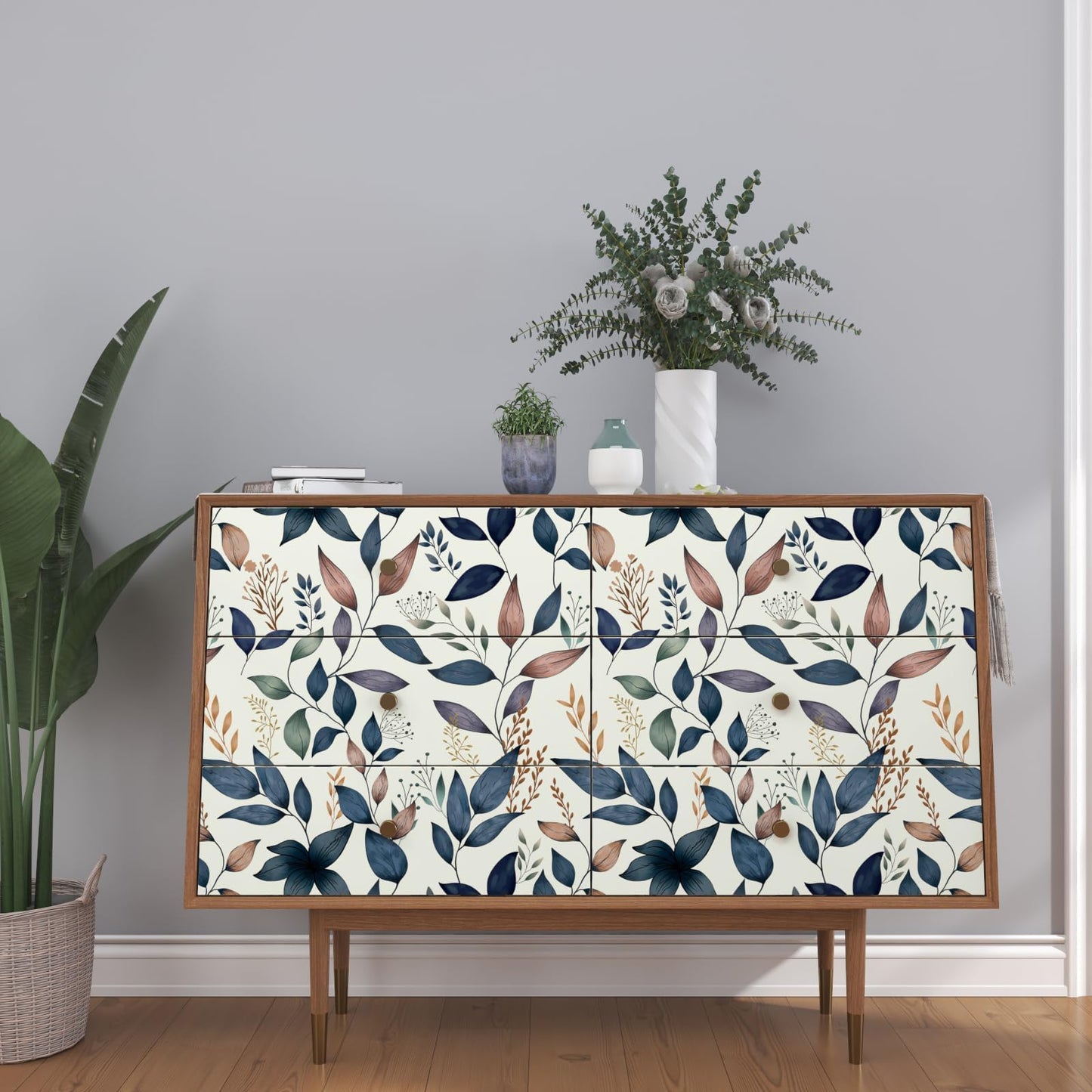 Fvlow Navy Leaf Peel and Stick Wallpaper Grey Blue Contact Paper Easily Peel Off Self-Adhesive Wall Paper for Kitchen Cabinet Drawer 17.4" x 394"