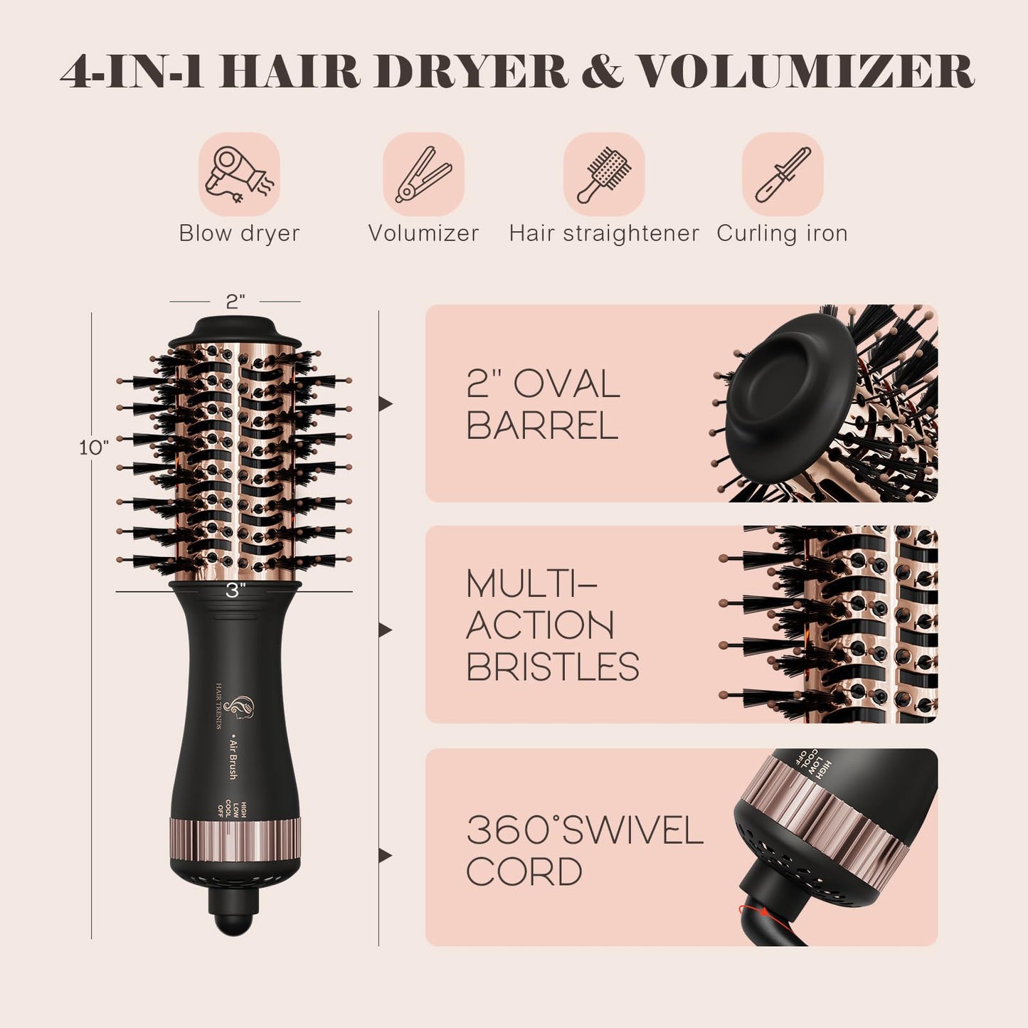 110-240V Travel Brush Hair Dryer, Small Hair Straightener Brush with European Plug Adapter for International Travel, 4 in 1 Hot Air Styler & Dryer for Drying Straightening Curling Volumizing