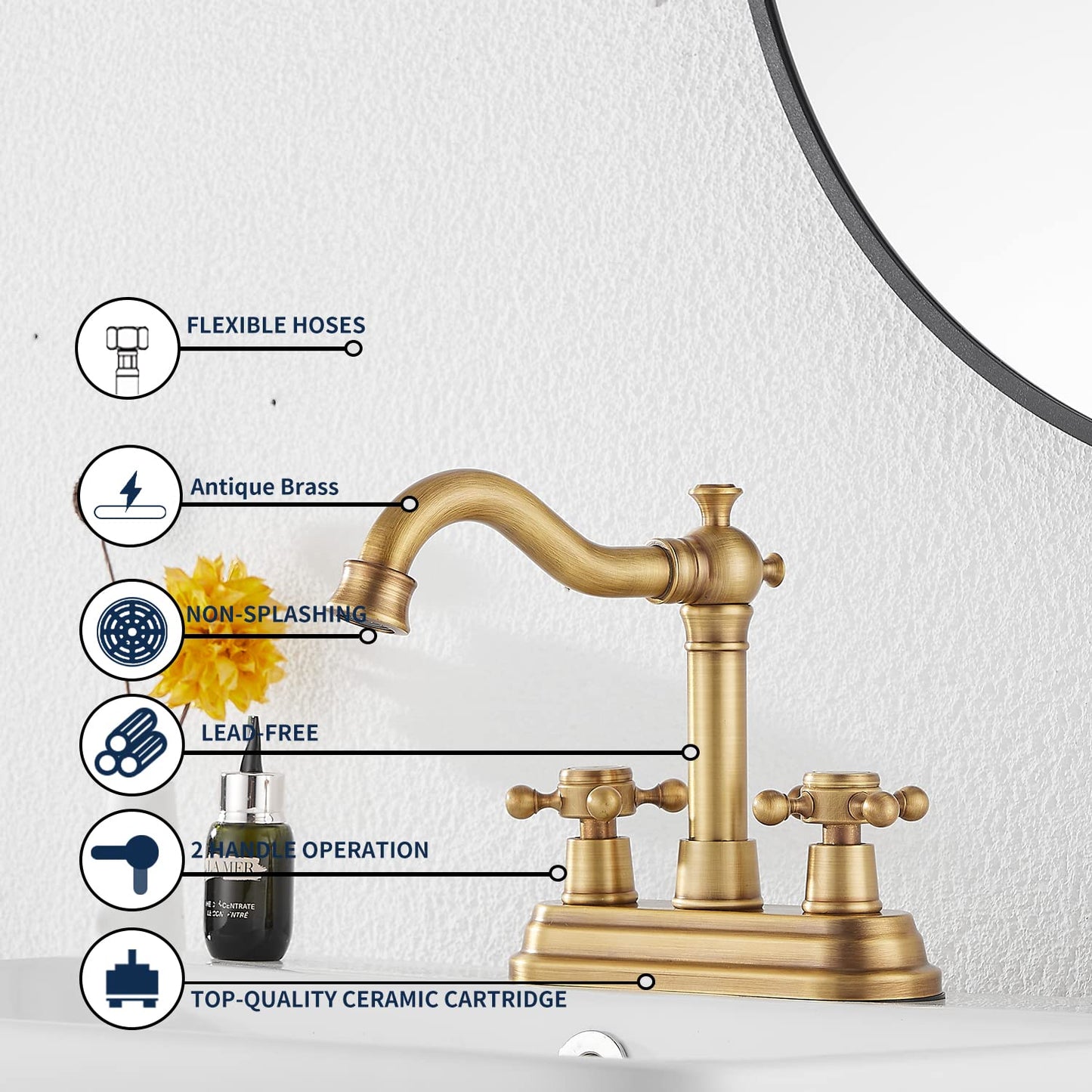 Bathroom Faucet Antique Brass GGStudy 2 Handles 4 Inches Centerset Faucet Bathroom Vanity Faucet with Drain Assembly and Supply Hose Lavatory Faucet Mixer Double Handle Tap Deck Mounted