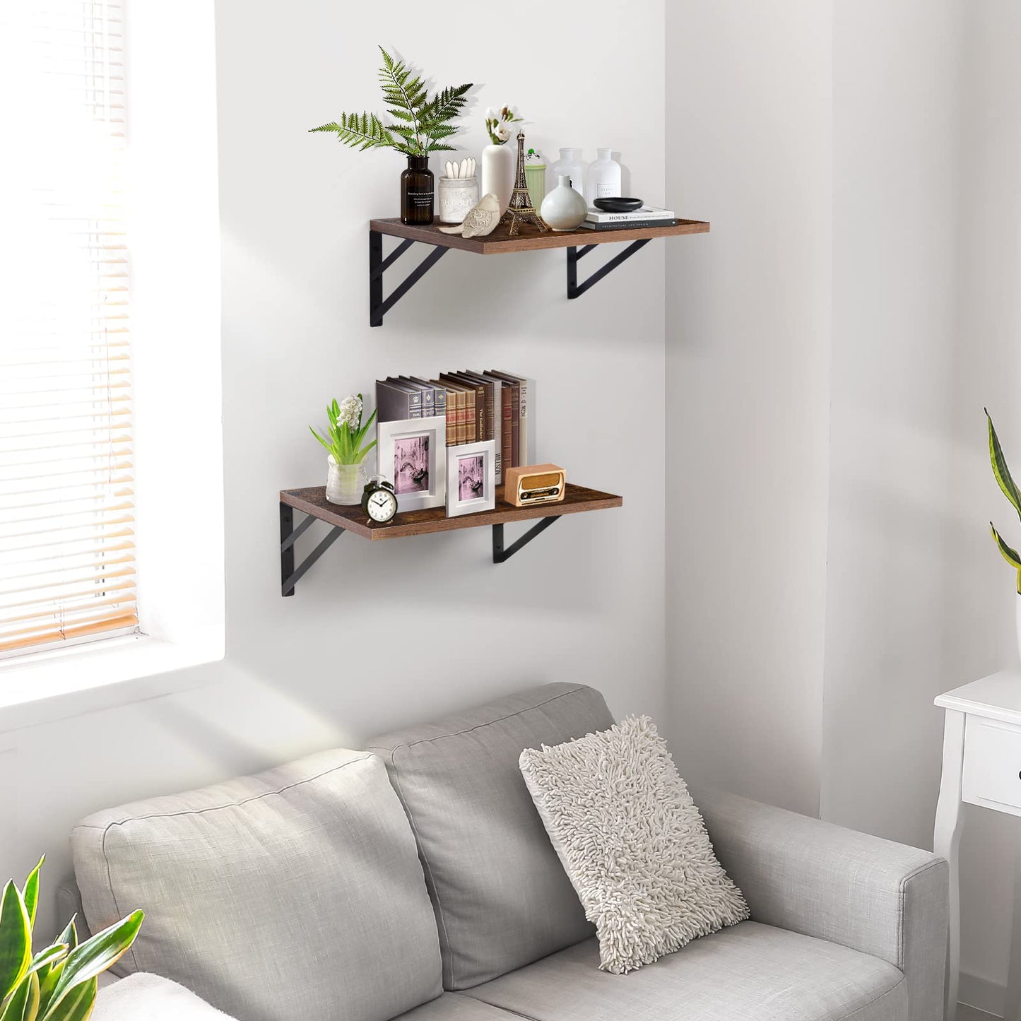 Tectocker-DOU 2 Pc Deep Floating Shelves ; 12 Inch Deep Wall Mounted Hanging Shelves for Living Room, Kitchen, Office, Bathroom and Bedroom Decor; Storage and Display Shelf Set (Rustic Brown)