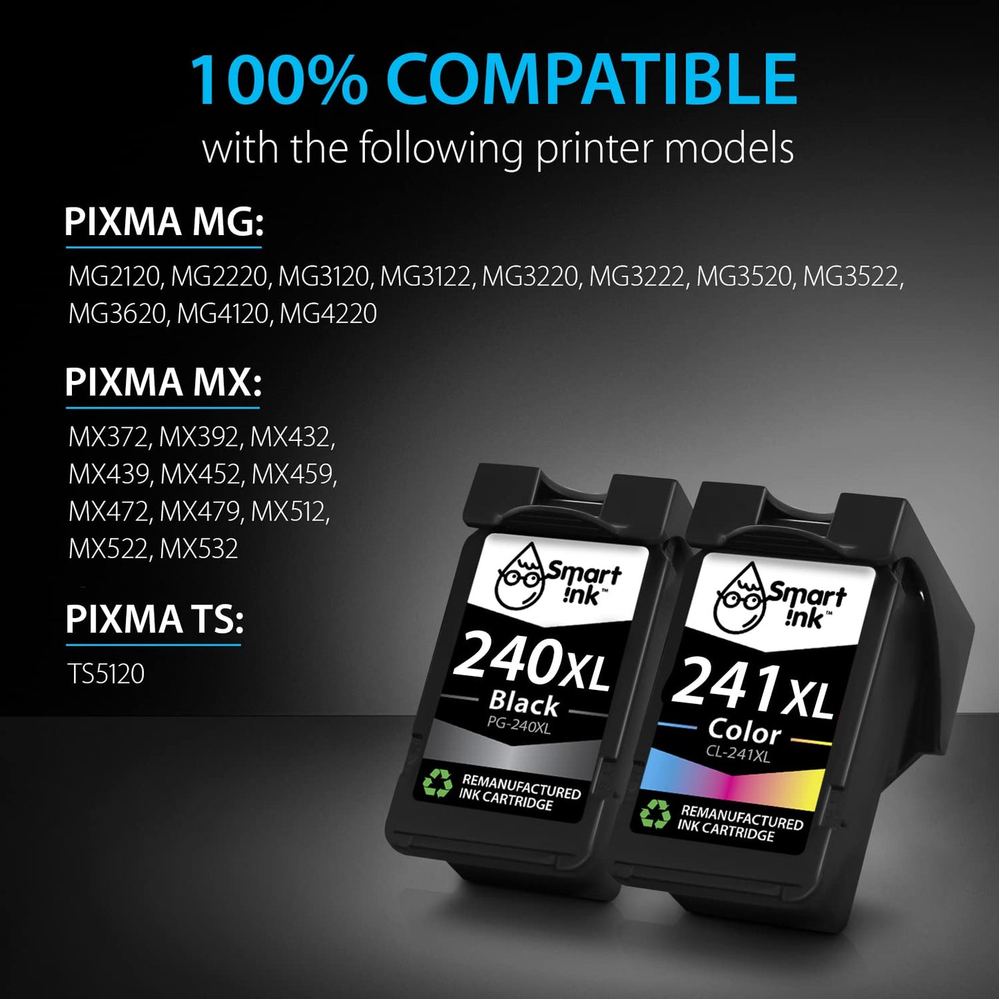 Smart Ink Remanufactured Ink Cartridge Replacement for Canon PG 240XL PG-240 CL 241XL CL-241 (BK & Color 2 Combo Pack) to use with Pixma MG2120 MG3120 MG3122 MG3520 MG3522 MG4120 MX372 MX522 MX472