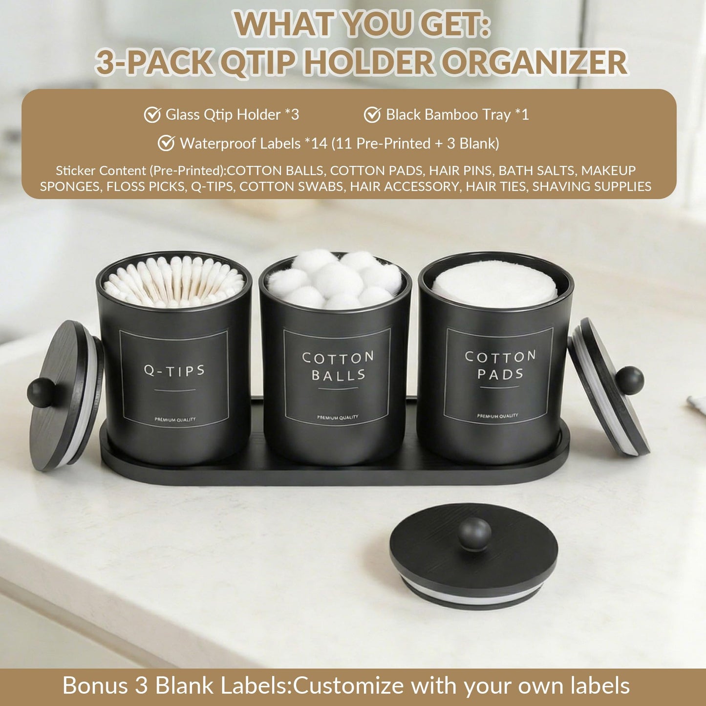 3 Pack Qtip Holder Dispenser - Glass Apothecary Jars with Bamboo Lids, Cotton Ball Pad Swab Round Holder, Floss Pick Containers, Bathroom Organizers with Tray & 14 Labels - Matte Black