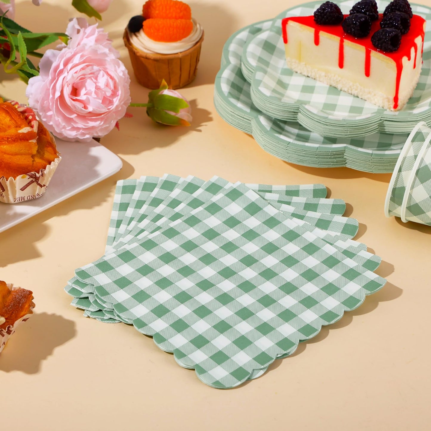 175 Pcs Sage Green Gingham Paper Plates and Napkins Party Supplies - Sage Green and White Checkered Plates Scalloped Plaid Plate for Birthday Dinner Picnic BBQ Party Decorations, Serve 25 Guests