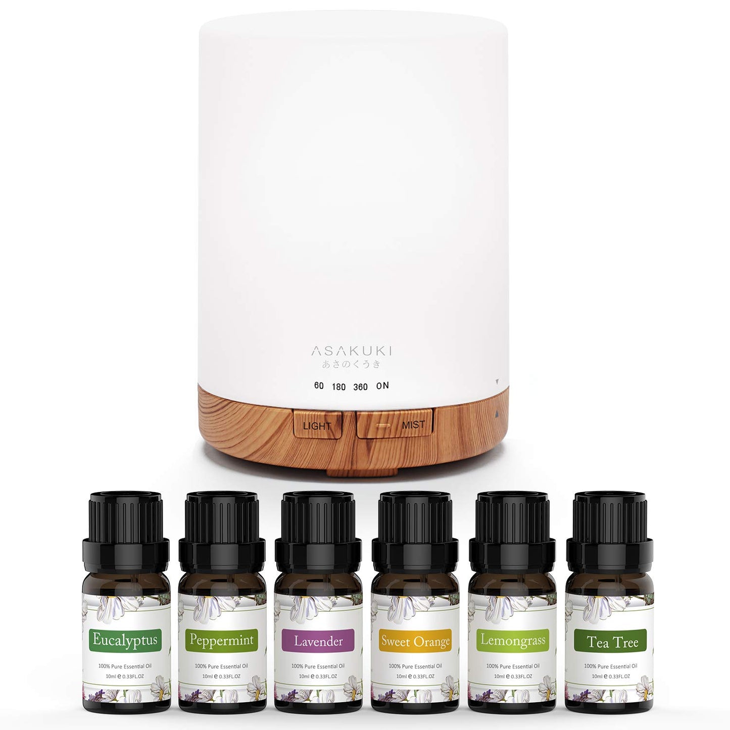 ASAKUKI 300 ml Aromatherapy Diffuser, Ultrasonic Cool Mist Essential Oil Diffuser with 7 Color Lights, Auto Shut-Off for Home Bedroom Office Gift Set