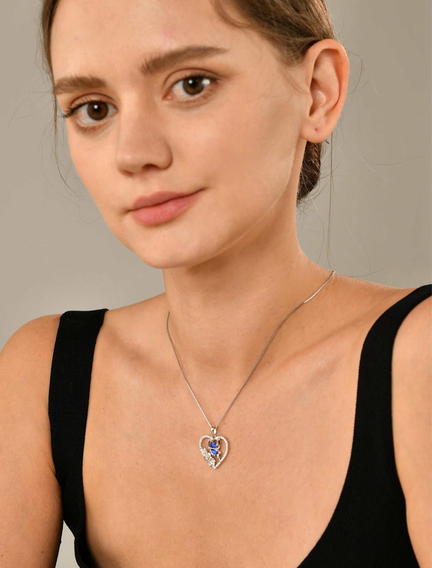 YL Created Sapphire Butterfly Necklace for Women, 925 Sterling Silver Birthstone Heart Pendant Flower Rose Halo Jewelry Mother Daughter Gifts for Her