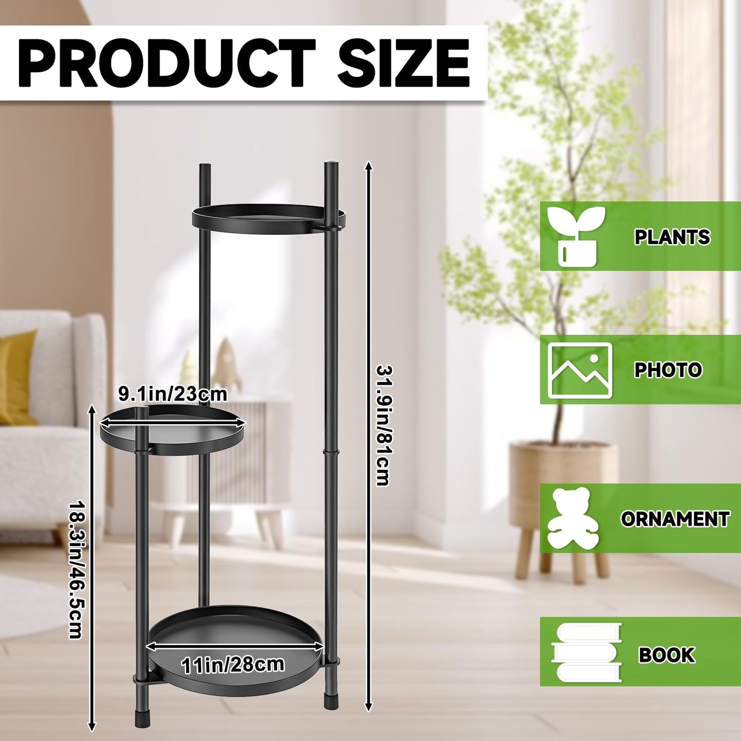 MeyRolizn 3 Tiered Plant Stand Indoor Outdoor, Metal Corner Plant Stand Plant Shelf Tables, Heavy Duty Flower Shelf Display Rack for Indoor Living Balcony Patio Garden Bedroom Classroom, Black (Black-B)