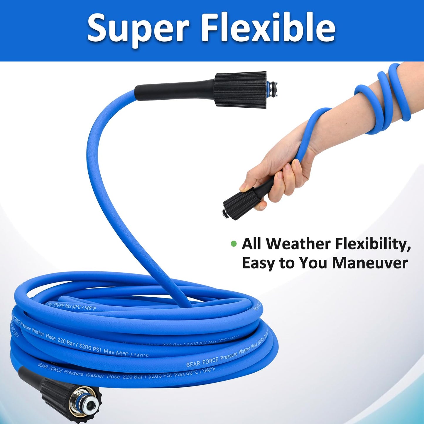 Super Flexible Pressure Washer Hose M22 Brass Fitting 32ft 1/4" 3200PSI, Kink Resistant Extension Hose,Power Washer Hose Replacement for Ryobi, Troy Bilt, Greenworks, CRAFTSMAN Most Brand Power Washer