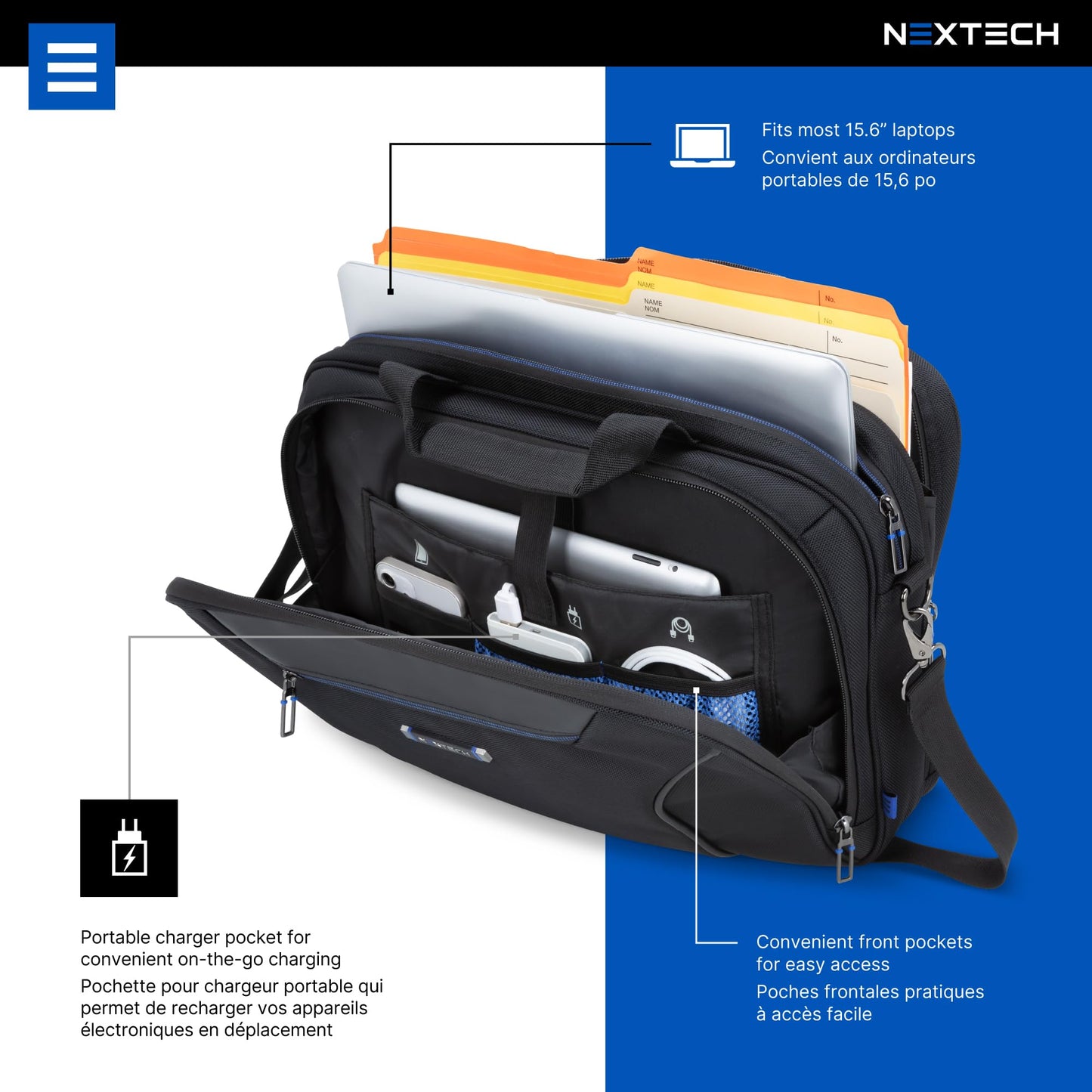 NEXTECH NXT003 Briefcase — 15.6" Laptop Bag With Computer or Tablet Compartment, Adjustable Shoulder Strap, Pass-Through Strap Luggage Sleeve And Many Zippered Pockets – Black