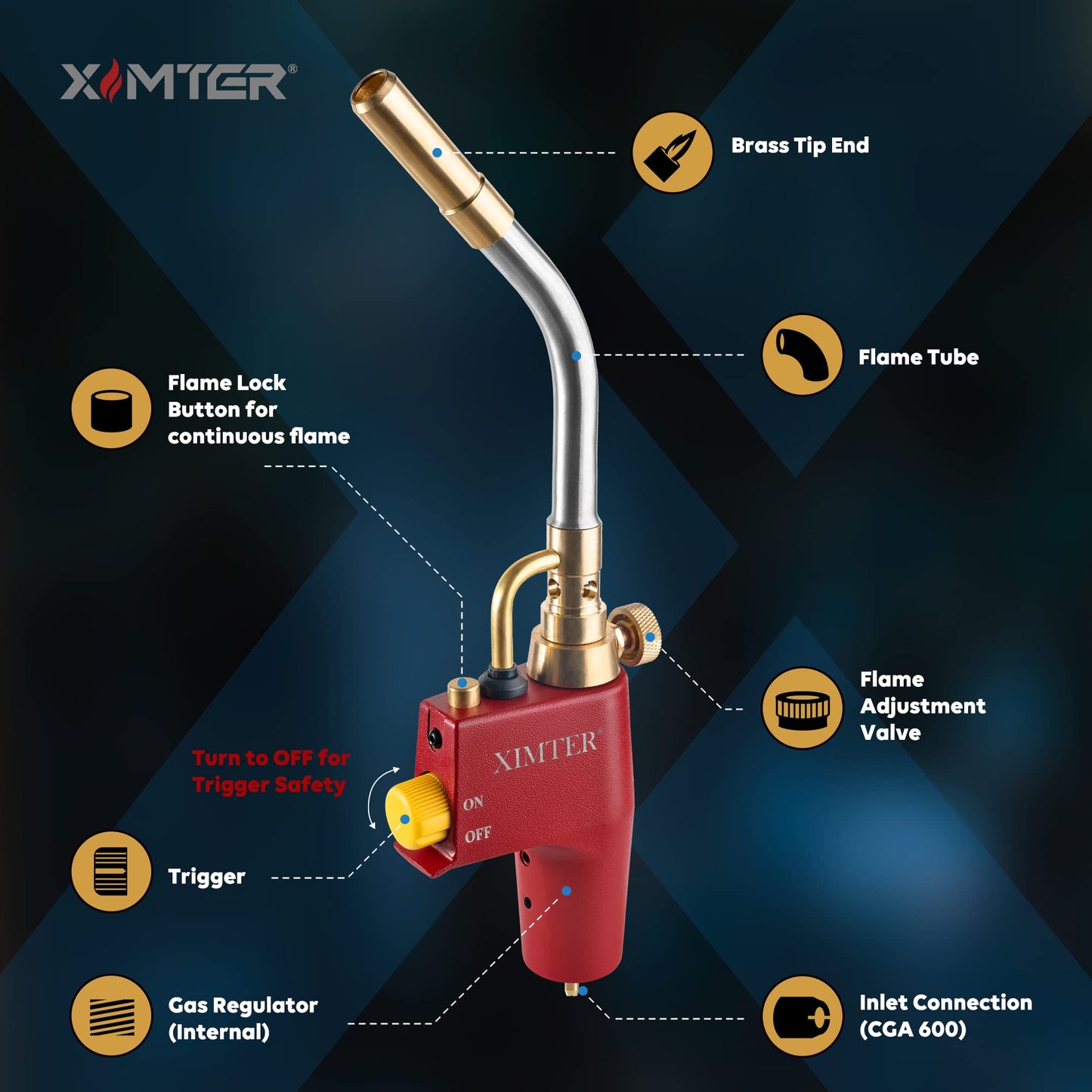 Ximter MAPP Propane Torch Head - Durable Cast Aluminum Body MAP Gas Torch, Fast Self-Ignition & Adjustable Swirl Flame, for Welding Brazing Lighting Melting HAVC DIYer