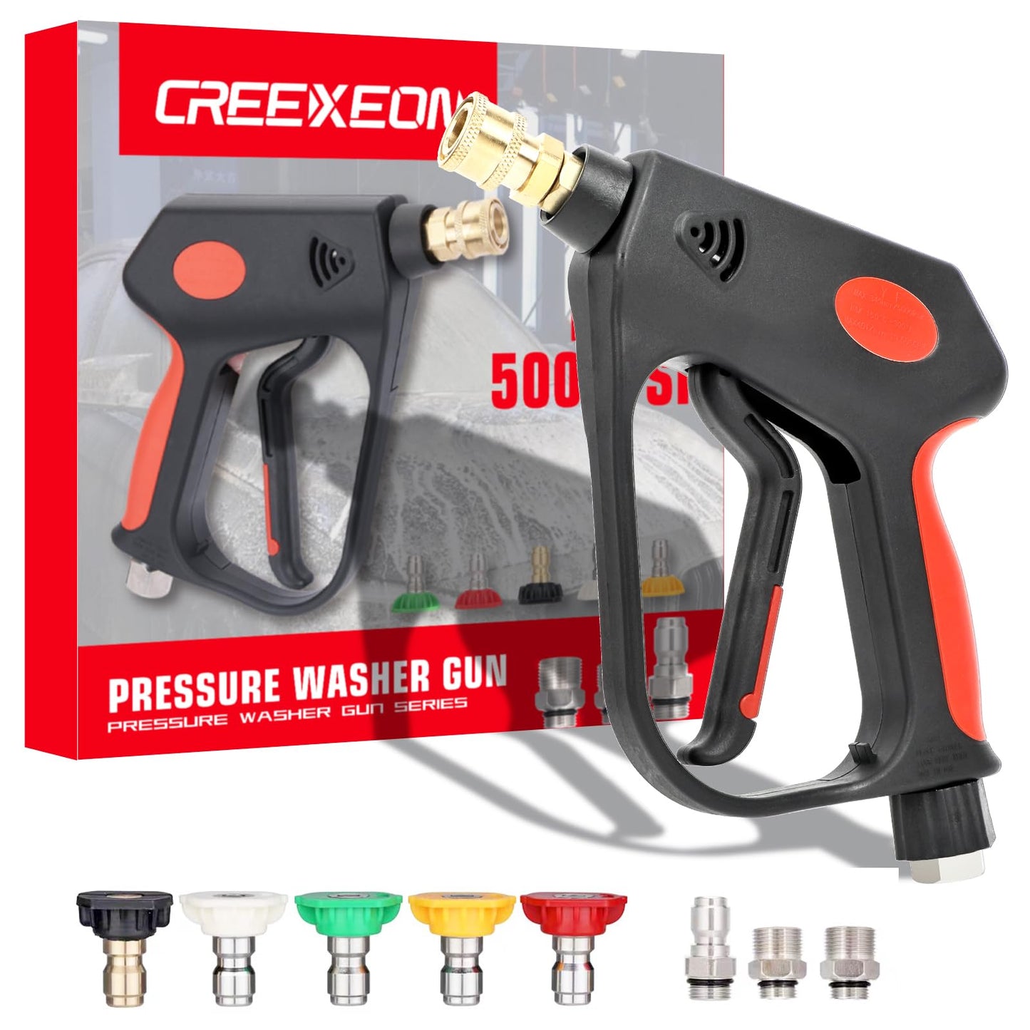 CREEXEON Pressure Washer Short Gun, Commercial 5000 PSI / 10.5 GPM, Swivel Inlet, 3/8 Inch M22 14mm and M22 15mm, With 5 Spray Tips,3 Adapters Inclued,Sturdy Design Universal for Most Pressure Washers