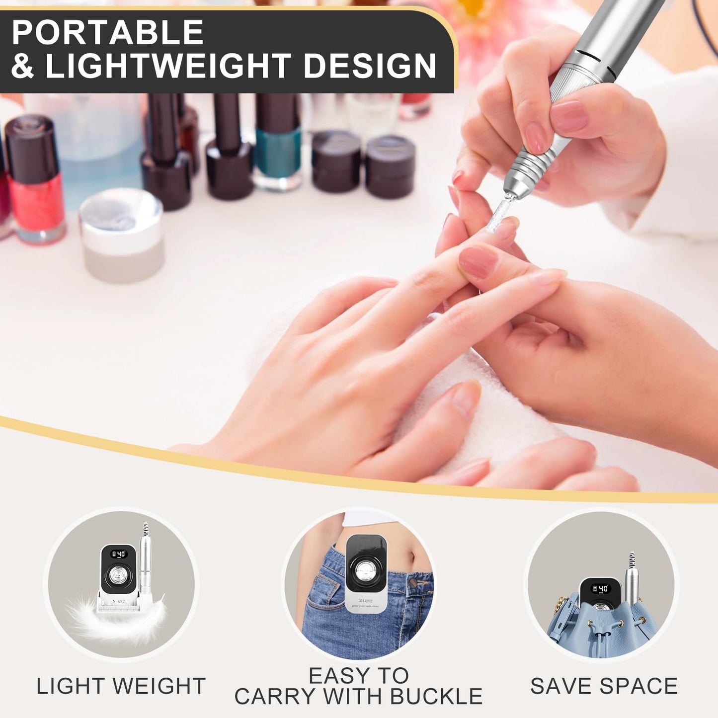 Professional Nail Drill, Urbuti 40000RPM Rechargeable Electric Nail Drill Machine with Base & 12 Drill Bit for Remove Gel Nail Polish Acrylic Nails Manicure for Salon Home(Gray)