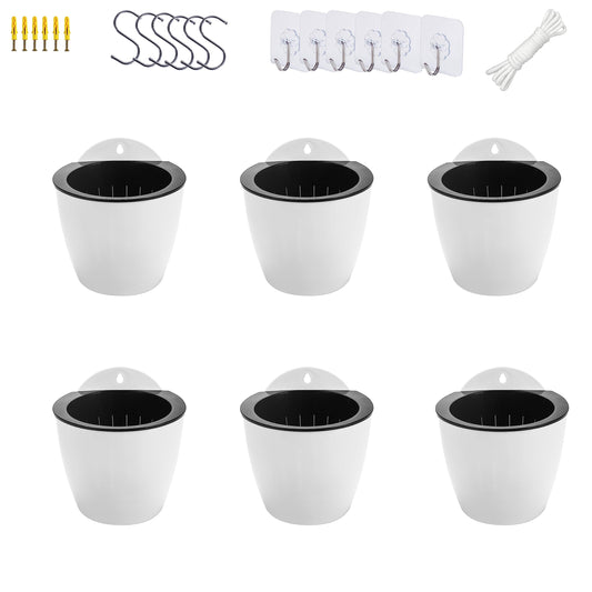 6 Pack Hanging Planter Pots Self Watering Vertical Garden Wall Mount Window Hang Round Plastic Container Indoor Outdoor for Plants Flowers Succulent Kitchen Living Herbs Holder Decor Decoration White
