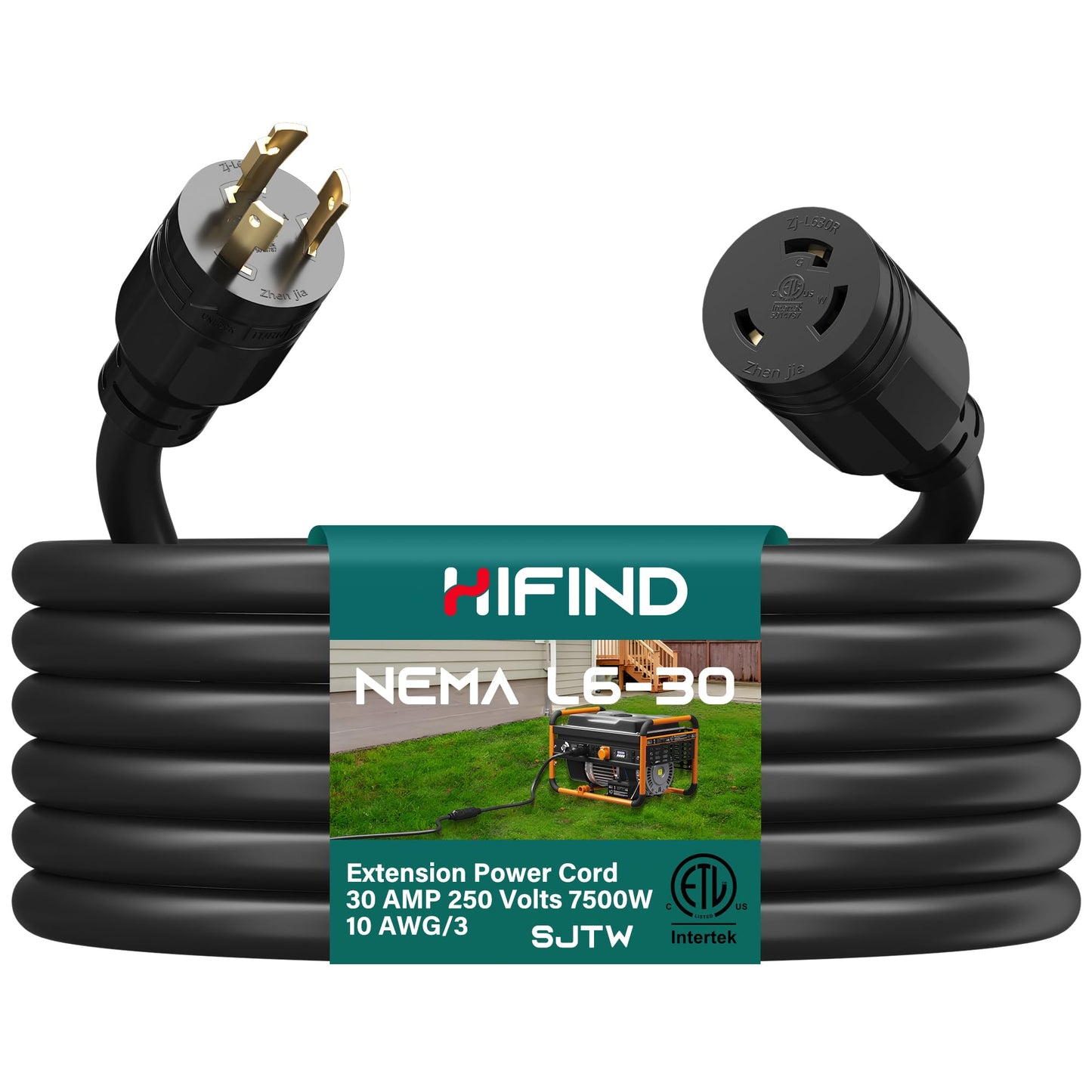 HiFind L6-30P to L6-30R Extension Cord 15 Ft, 30 Amp Generator Cord Cable Outdoor SJTW, Heavy Duty 10/3 AWG 250V 7500W Industrial Power Cord, 3 Prong Locking Plug for RV, EV, Trailer Campers -ETL