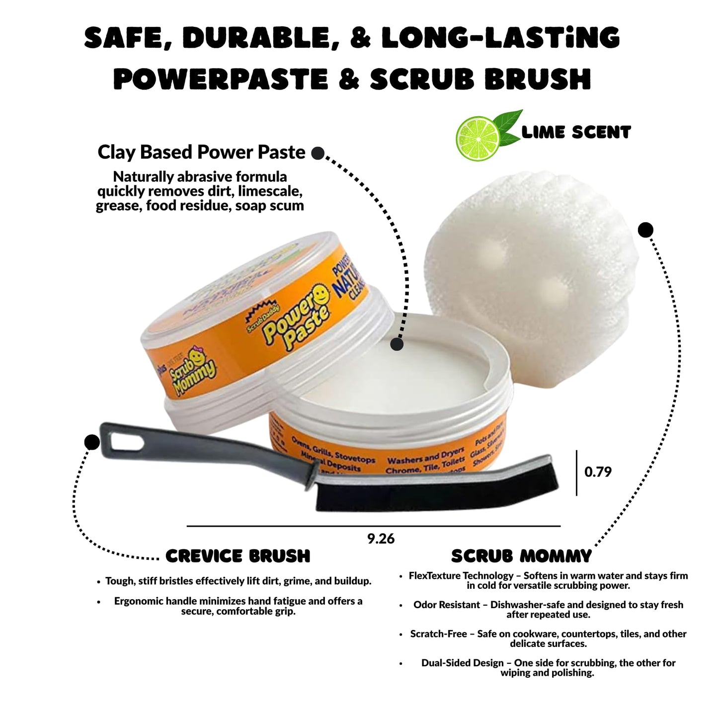 Scrub Daddy PowerPaste Cleaning Bundle Set | Natural Cleanser + Dye-Free White Scrub Mommy + 2X Microfiber Cloth & 1X Crevice Brush