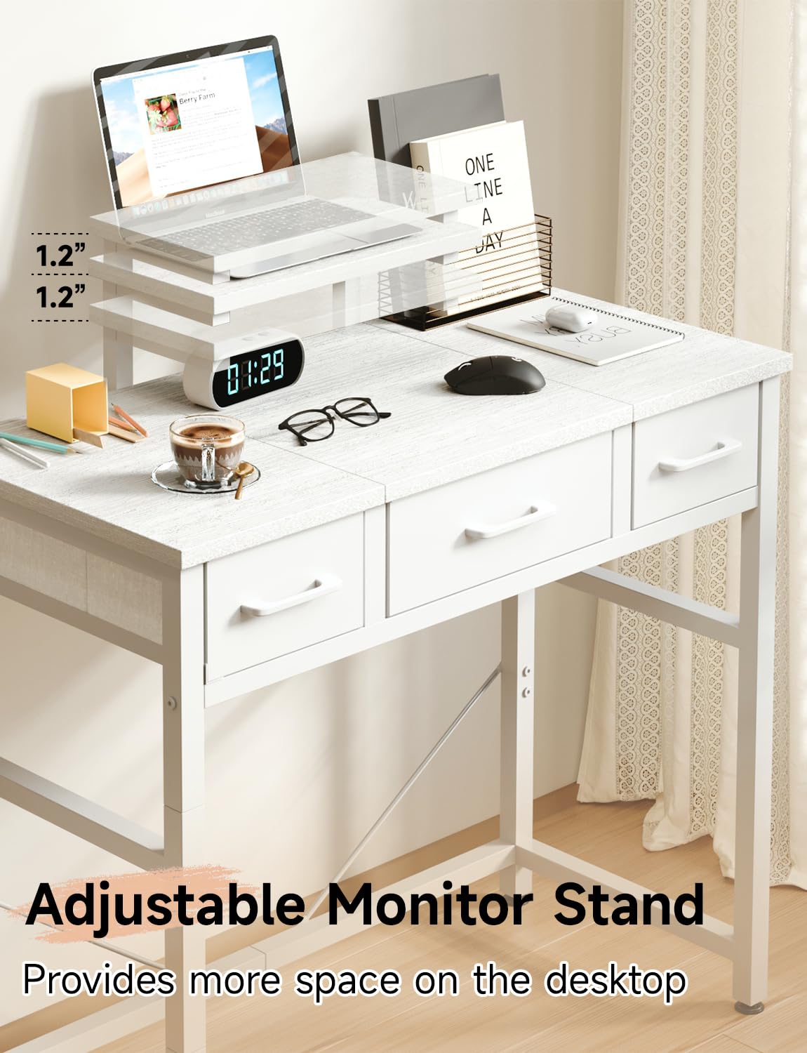 KitMent Small Desk with 3 Fabric Drawers, 30 Inch Computer Desk with Hook, Work for Home Office, Study Table, Kid’s Desk, Makeup Vanity Desks, Made of Wood & Metal, White