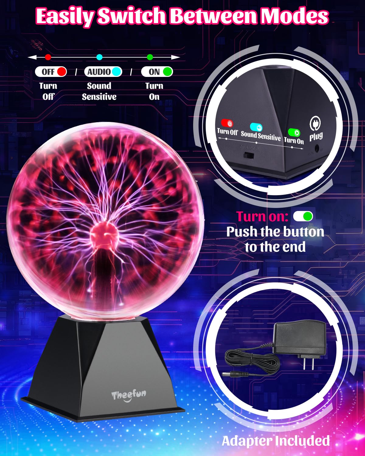 Theefun Plasma Ball: 8 Inch Plasma Globe Touch & Sound Sensitive Plasma Ball Lamp Electric Ball Lightning Novelty Gifts for Parties, Home, Prop, Decoration, Birthday