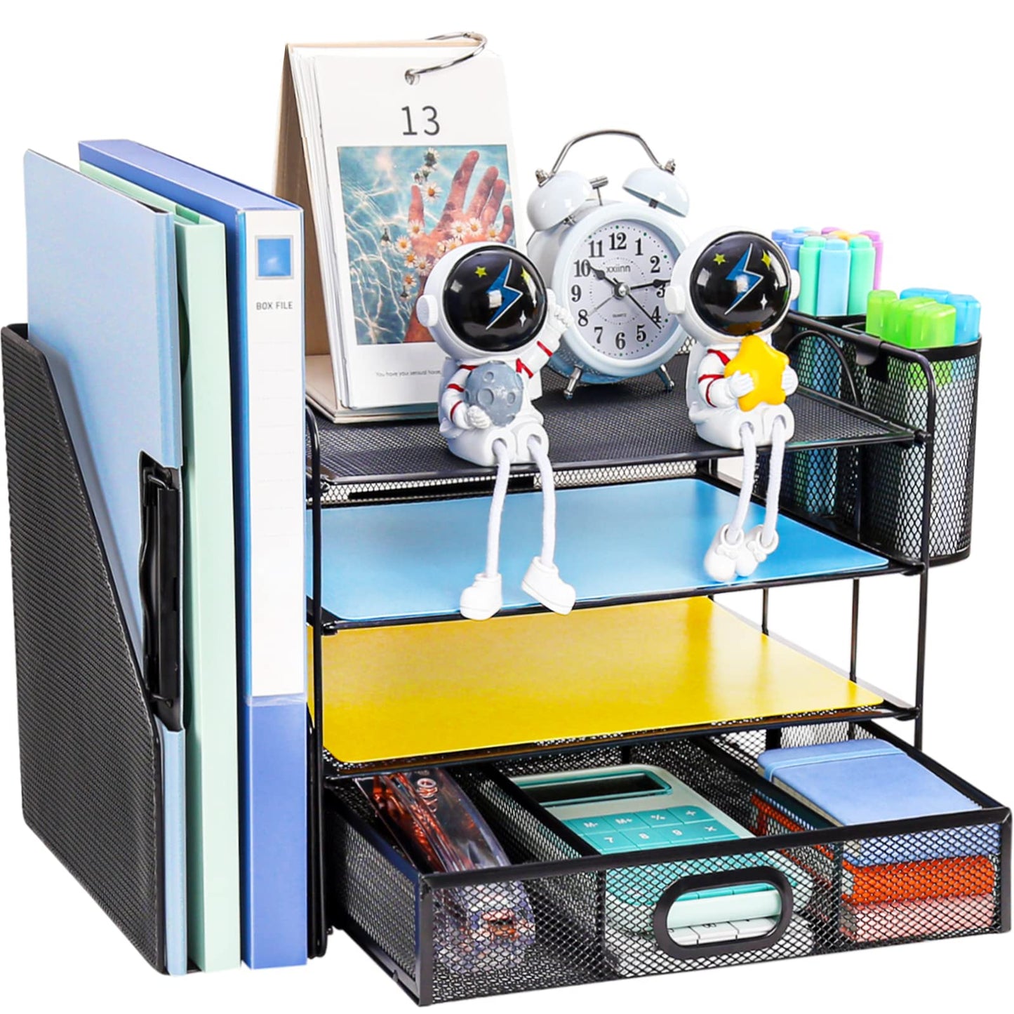 Desk Organizer with File Holder, 4-Tier Letter Paper Tray Organizer with Drawer & 2 Pen Holders, Desk Organizers and Accessories, Mesh Desktop File Organizer and Storage for Office Supplies