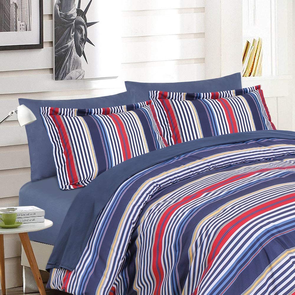 EMME Queen Bed in A Bag 7-Piece Bedding Comforter Set, Brushed Microfiber Down Alternative Comforter, Soft and Comfortable Stripe Bed Set (Full/Queen, Navy & Red Stripe)