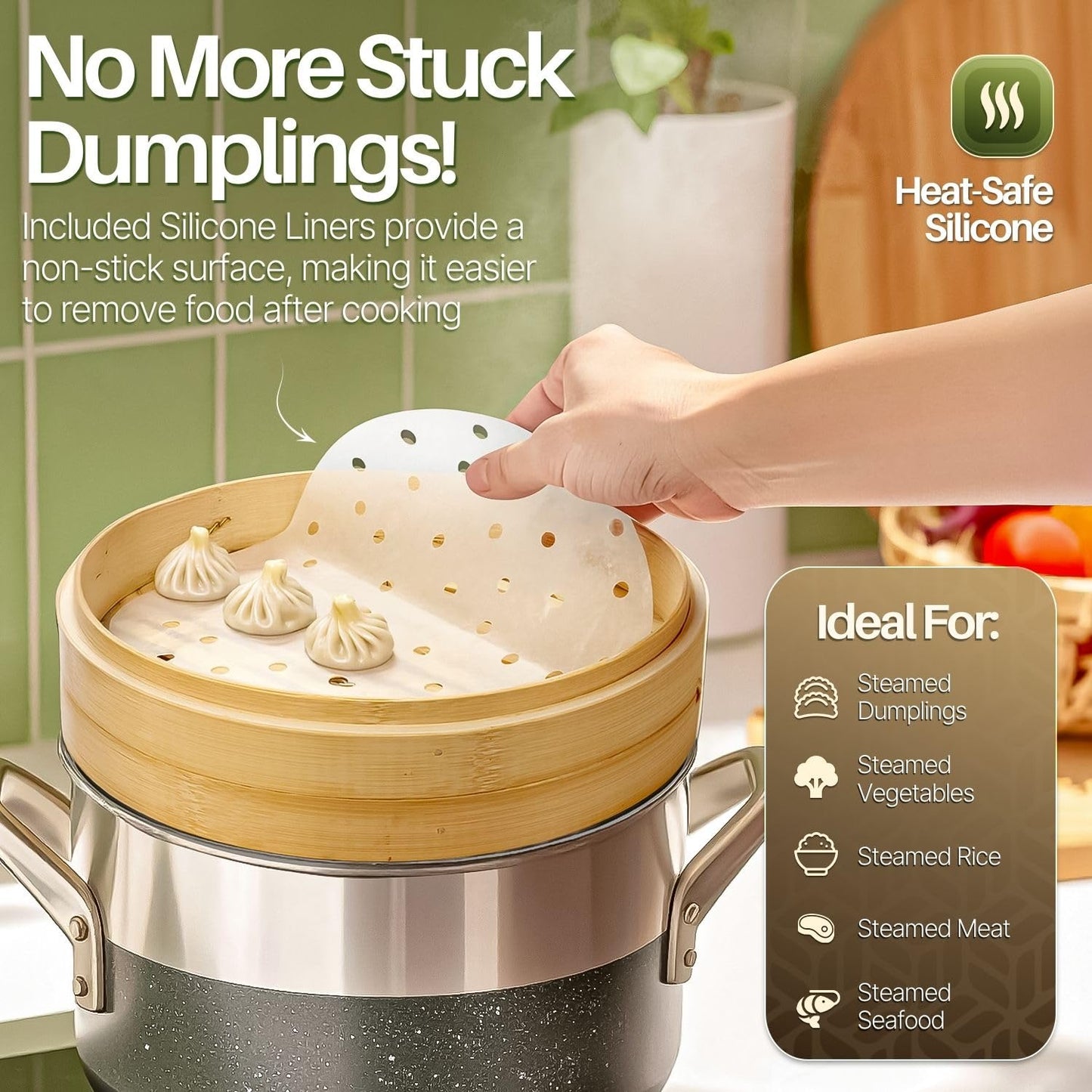 Flexzion Bamboo Steamer Basket Set (10 inch), 50 x Steamer Liners and 2 Pairs of Chopsticks, Steam Baskets for DimSum Dumplings, Rice, Vegetables, Fish and Meat