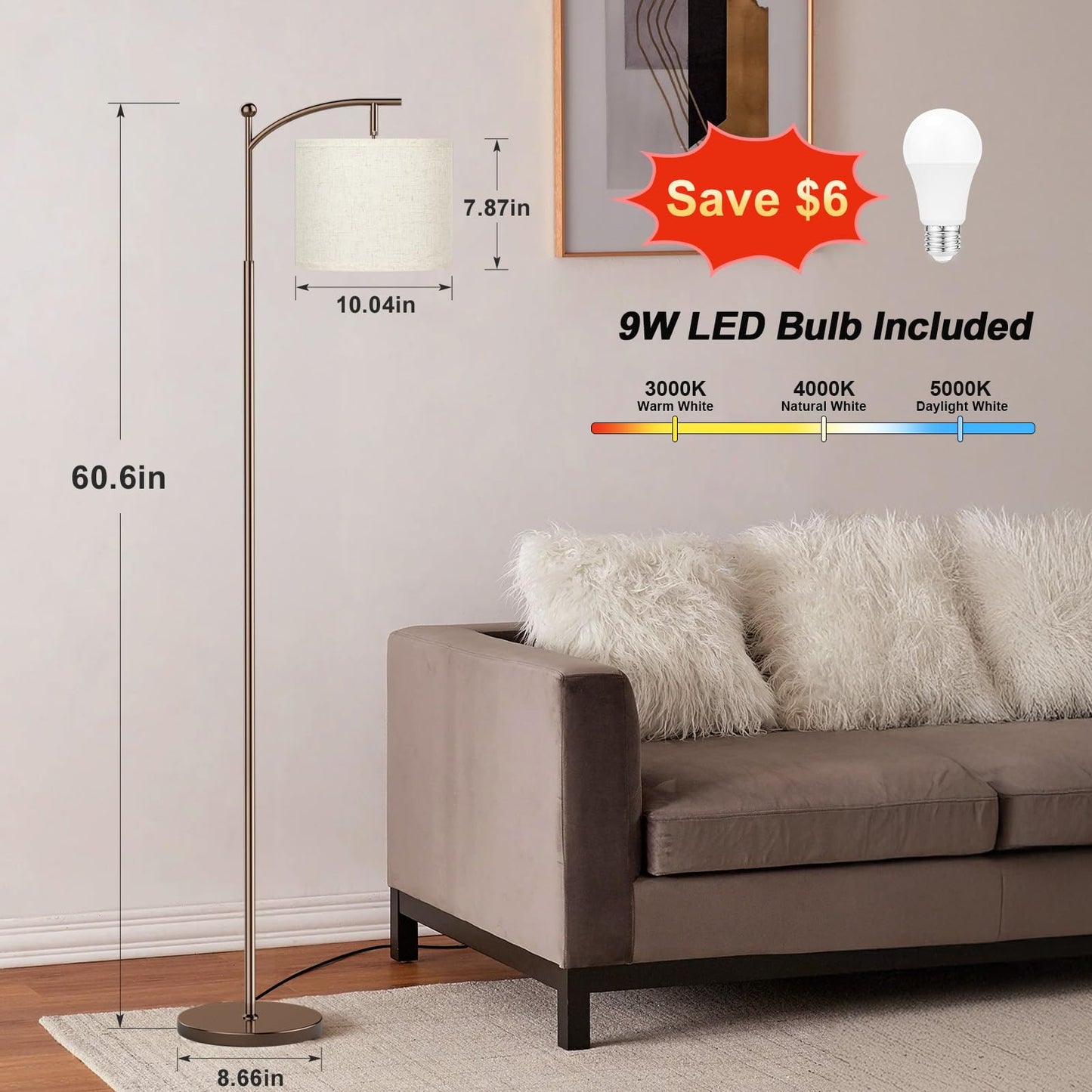 Ambimall 60" Floor Lamp with 3 Color Temperatures LED Bulb, Rotating Lamp Head, Foot Switch, Easy to Install, 9W Bulb Included, Modern Floor Lamp for Living Room, Bedroom, Study Room, Nursery (Brown)