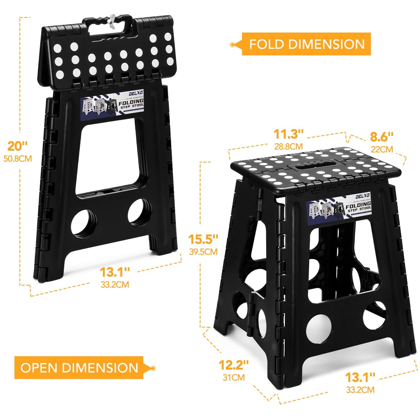 Delxo 16 Inch Folding Step Stool,Foldable Stool for Adults with Safety Lock,Portable Collapsible Plastic Stepstool,Non Slip Folding Stools for Kitchen Bathroom Bedroom Up to 400LBS,(Black 1PC)