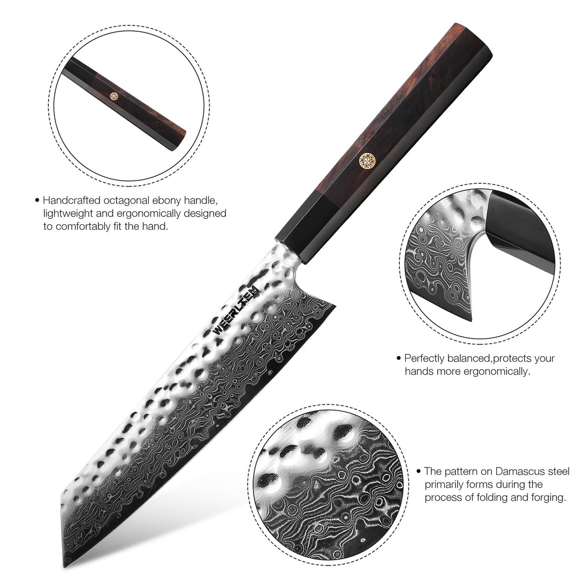 WEERLTEM Japanese Knife, 8 Inch Japanese Kiritsuke Chef Knife, Ultra Sharp Hand-Forged VG10 High Carbon Steel Japanese Damascus Kitchen Knife with Octagonal Ebony Handle & Gift Box