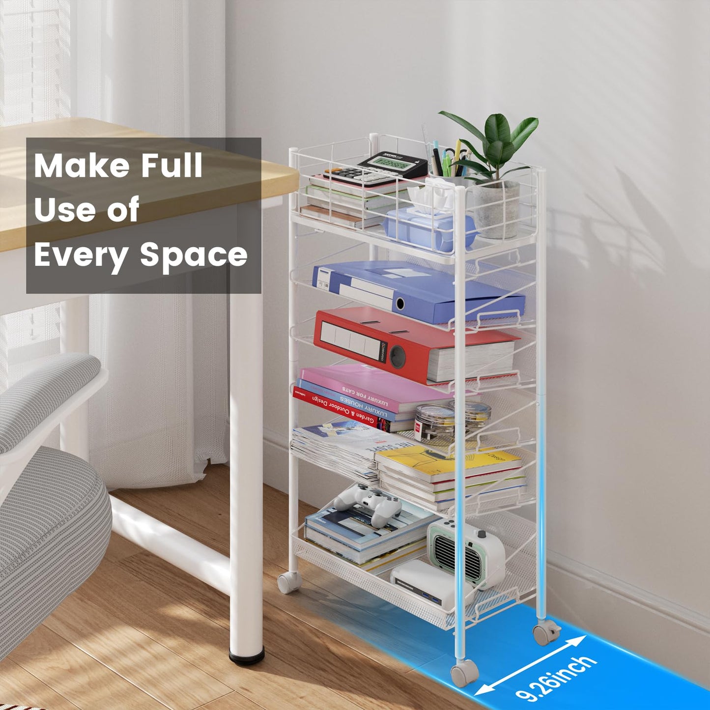 Rolling File Cart with Wheels,Shrivee 6 Tier Metal Rolling File Organizer Cart Beside Desk,Mobile Book Carts with Wheels for Office Home School Teacher Classroom Paper Letter Organization,White