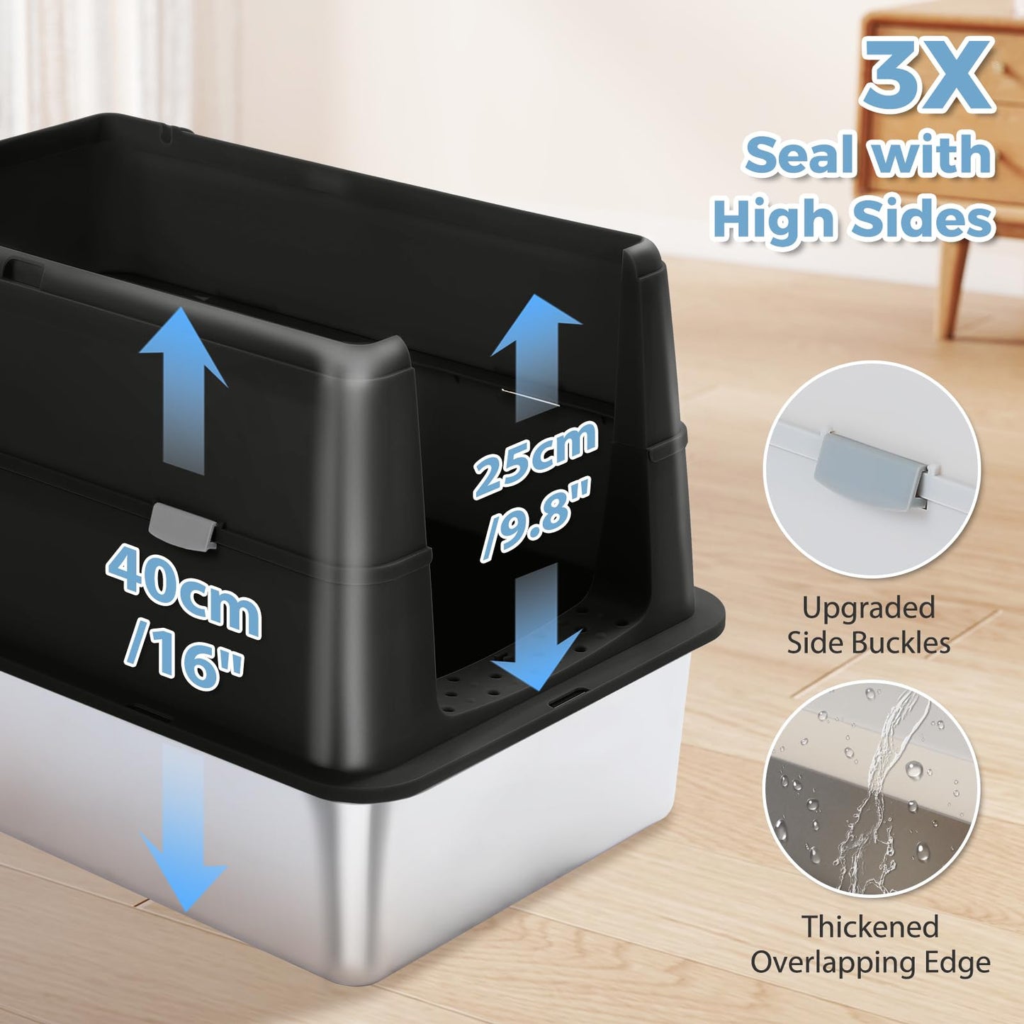 PAWZ Road Stainless Steel Cat Litter Box, Large Enclosed Litter Box with Front & Top Entry, Non-Sticky Metal Bottom with High Sides and Scoop, Easy to Clean, Anti-Leakage for Large Cats,Black
