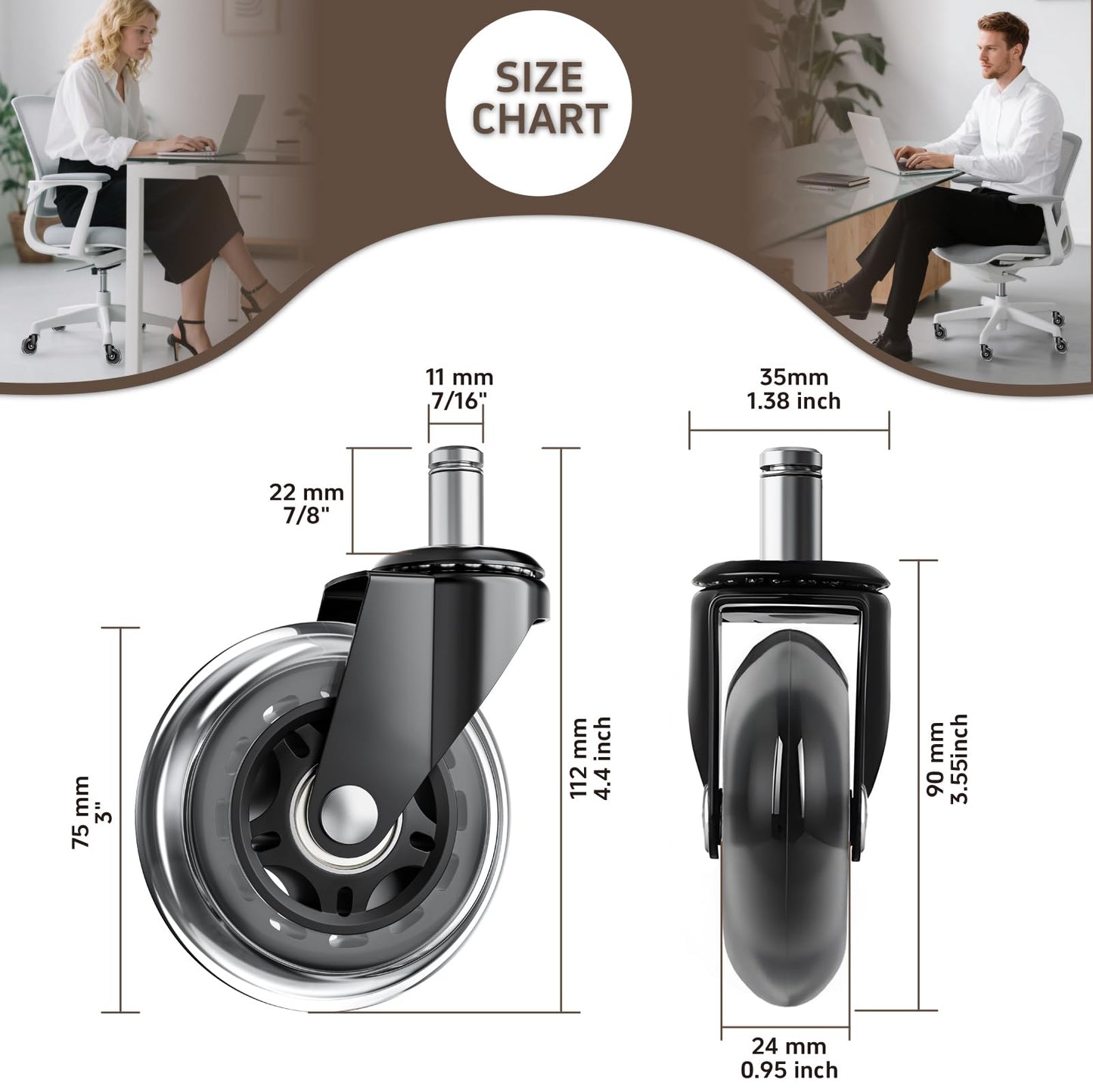 ASHGOOB Office Chair Wheels, Set of 10 Caster Wheels Office Accessories, 3 Inch Heavy Duty Casters for Chairs to Replace Office Chair Mats, Smooth & Quiet Universal Fit for Most Chairs(10 Pack)