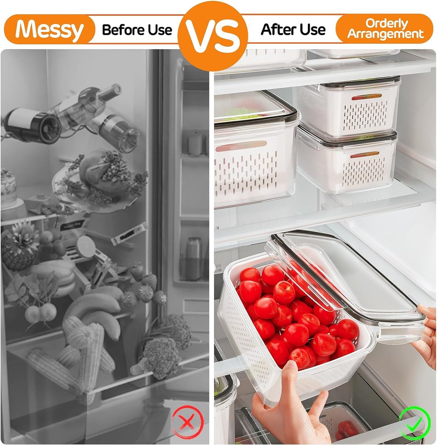 JSCARES 5-Pack Fruit Storage Containers for Fridge with Removable Colanders, 5 in 1 Plastic Fresh Saver Containers BPA Free with Lid for Salad Berry Lettuce Vegetables Meat Keeper (5 Pack)